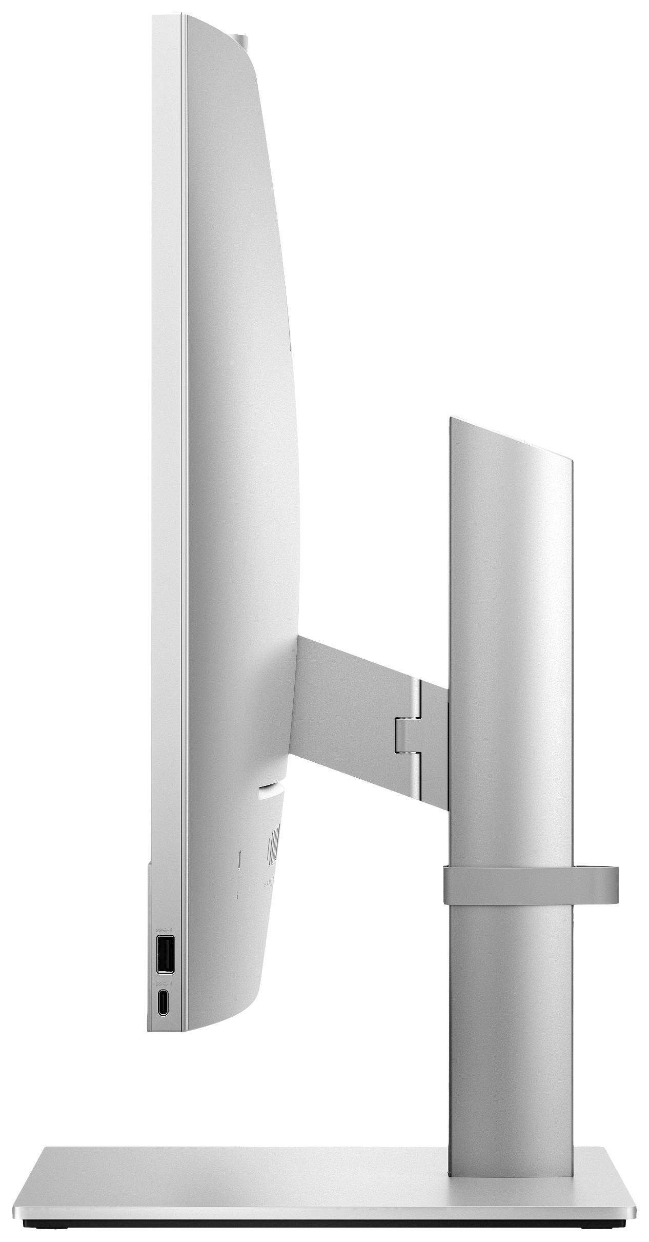 Een moderne, slanke computermonitor bekeken van opzij, met een verstelbare standaard op een stabiele voet.