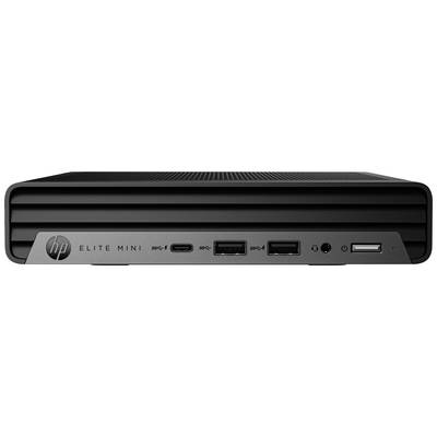 Een zwarte mini-pc van metaal, aan de voorkant met meerdere USB-poorten, een audioaansluiting en het HP-logo links.