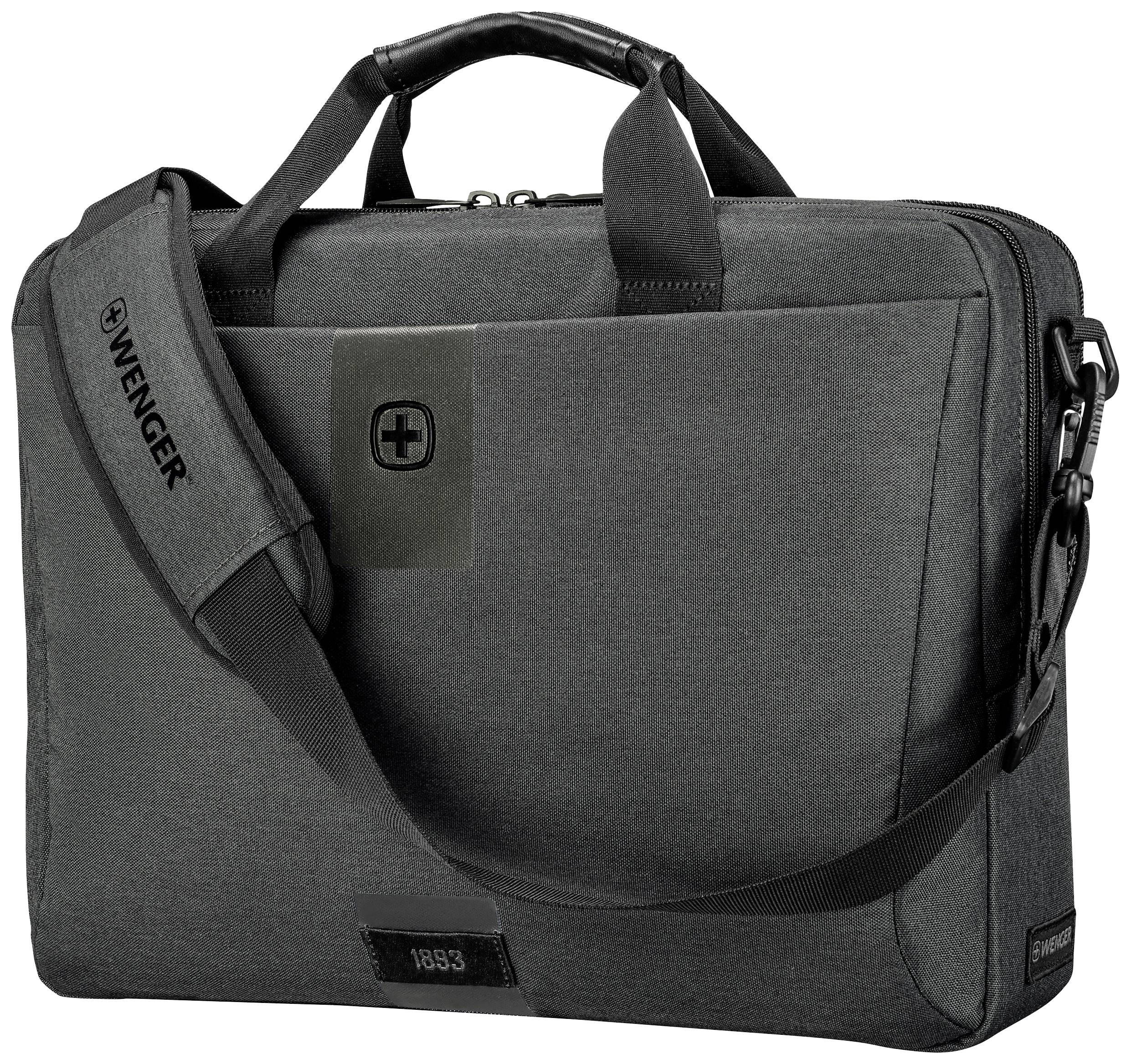 Donkergrijze laptoptas met handgreep en schouderband, gemerkt met 'Wenger' en logo, vertoont een modern, strak design.