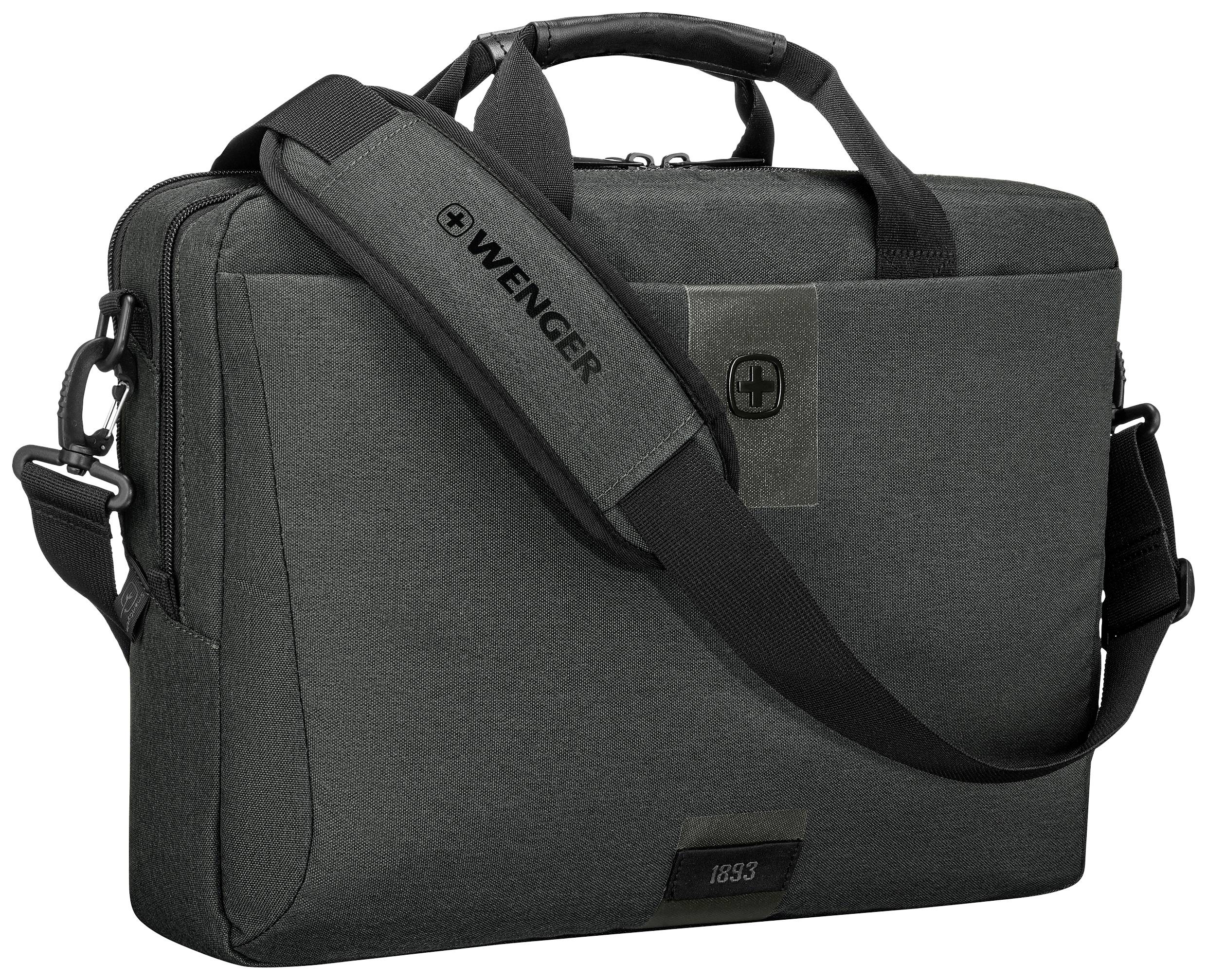 Een zwarte laptoptas met schouderband en handgrepen, met het merkenlogo 'Wenger' op de band en tas.