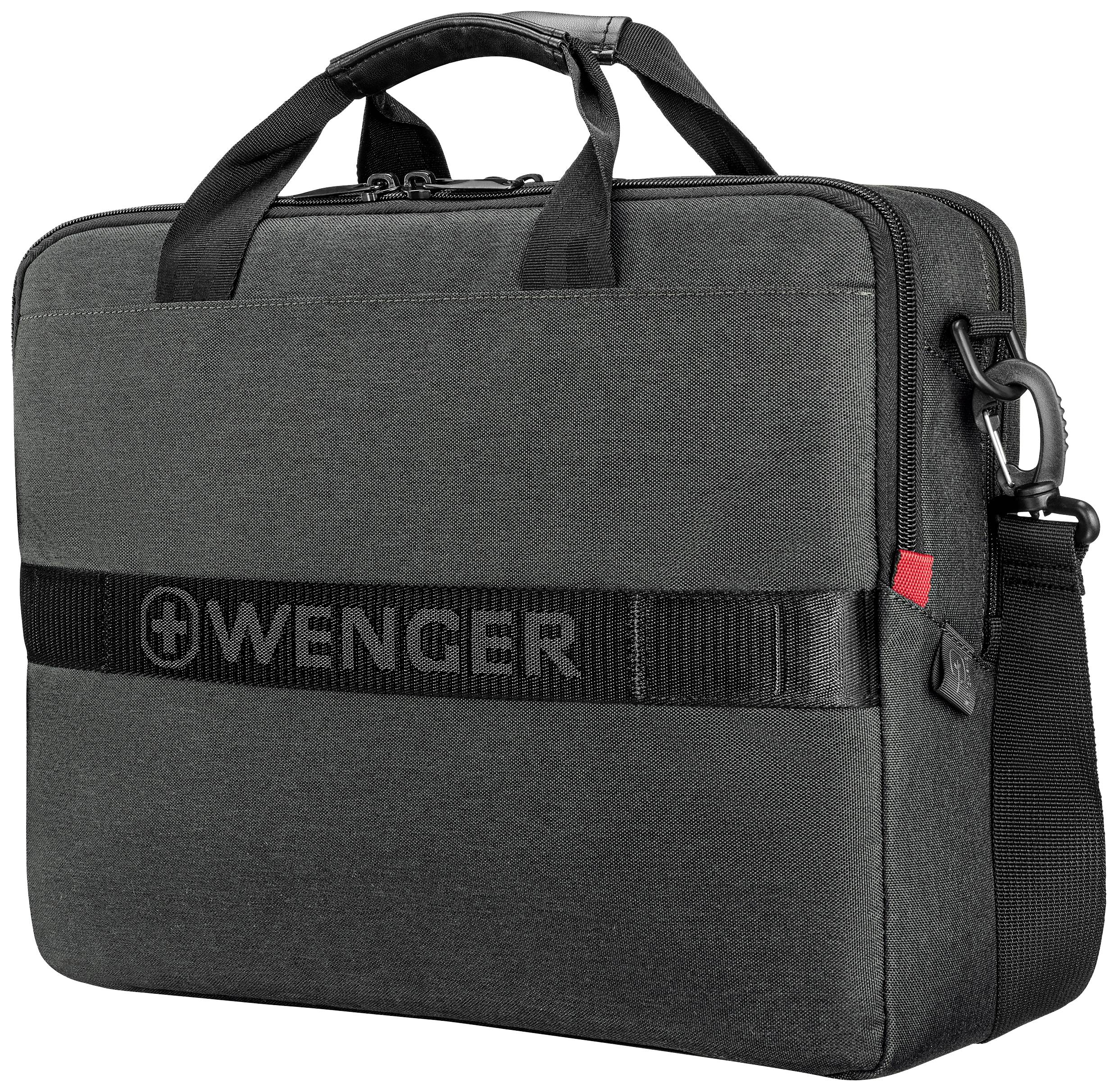 Een zwarte aktetas met één handgreep en een schouderband, weergegeven in zijaanzicht. Op de tas is het logo 'WENGER' zichtbaar.
