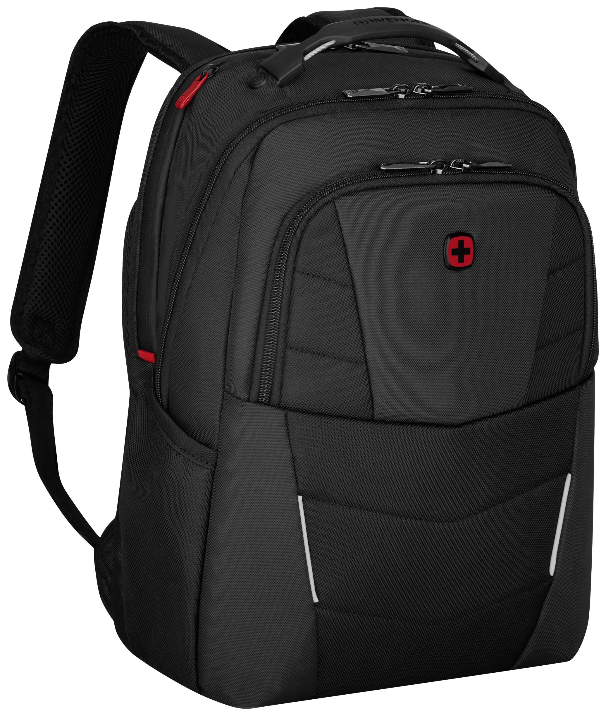 Zwarte laptoptas met meerdere vakken, merkenlogo in het midden. Geschikt voor reizen of school.