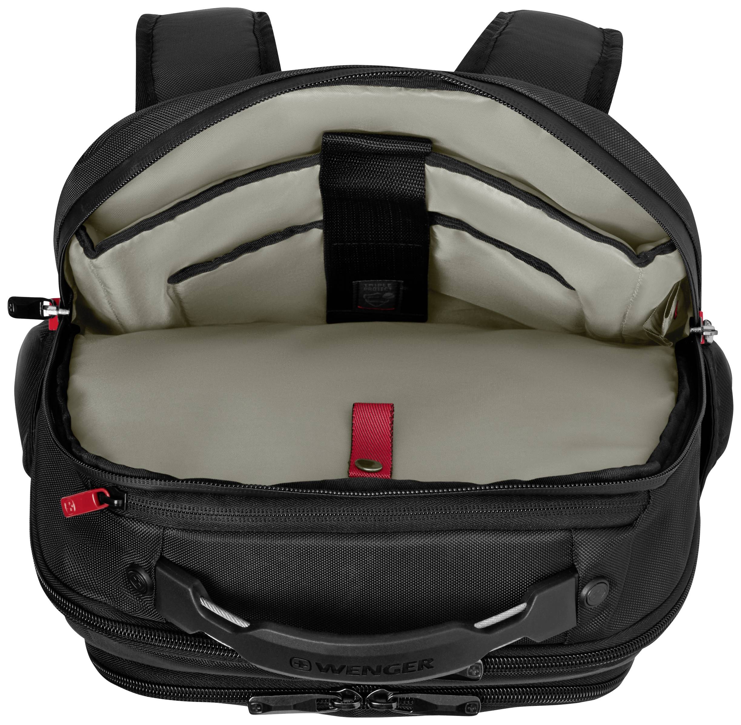 Een zwarte rugzak met geopend hoofdvak, waarbij de gewatteerde binnenvakken zichtbaar zijn, geschikt voor laptop-transport en -bescherming.
