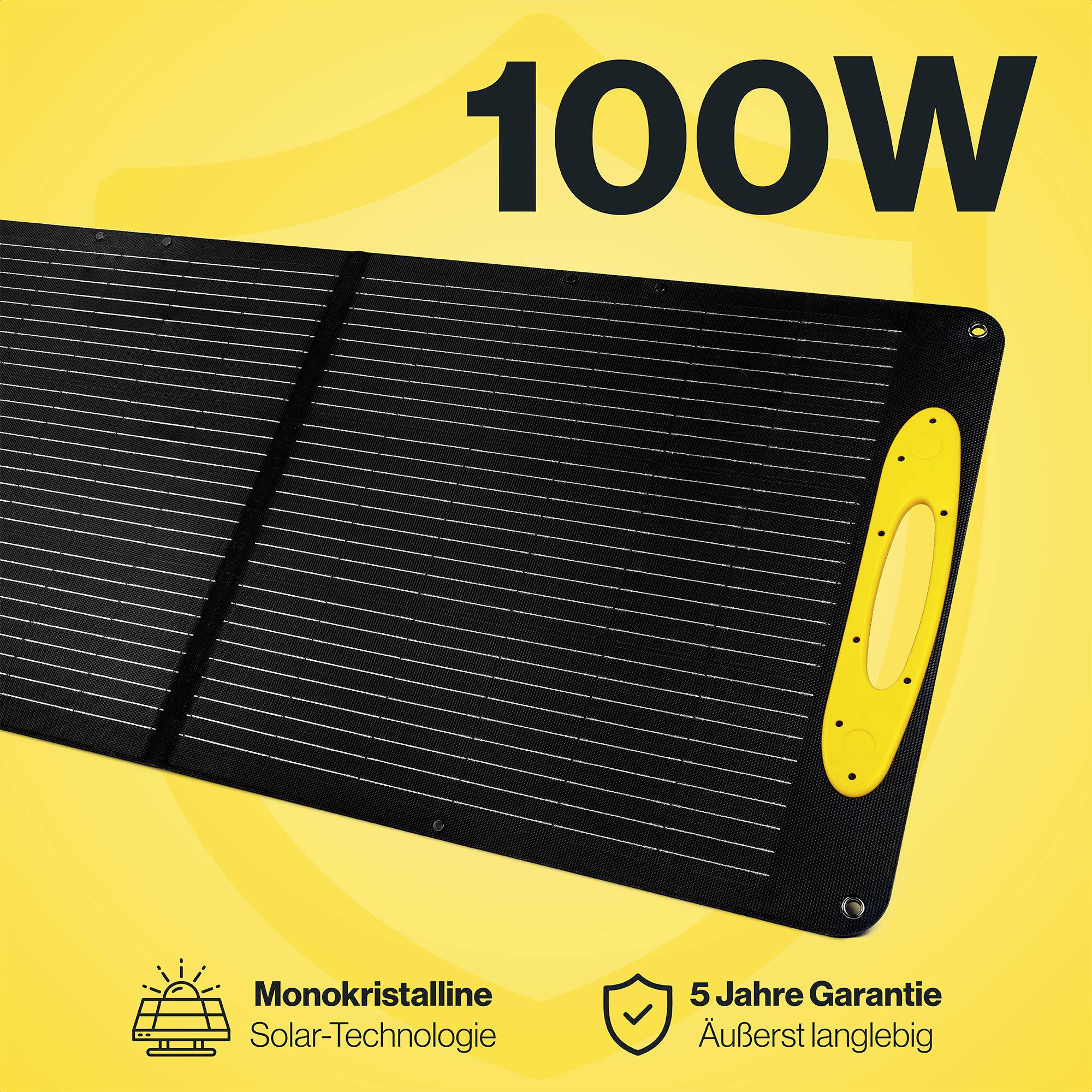 Een zwart zonnepaneel met gele handgreep, gemarkeerd met '100W'. Tekst eronder: 'Monokristallijn, 5 jaar garantie, uiterst duurzaam'.