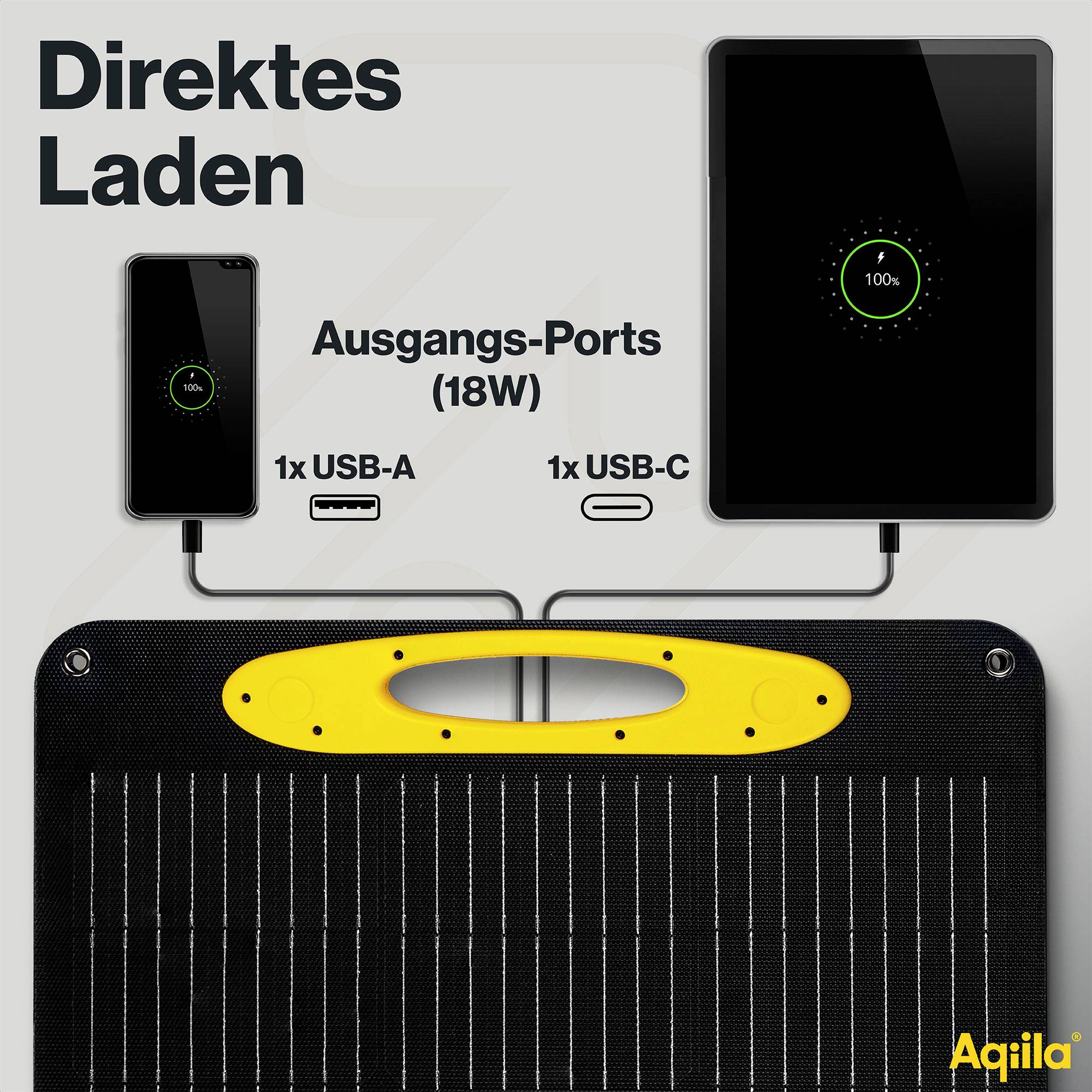 Zonnepaneel laadt twee apparaten tegelijkertijd. Onderschrift: 'Direct opladen', toont USB-A en USB-C poorten. Weergave van 100% opgeladen.