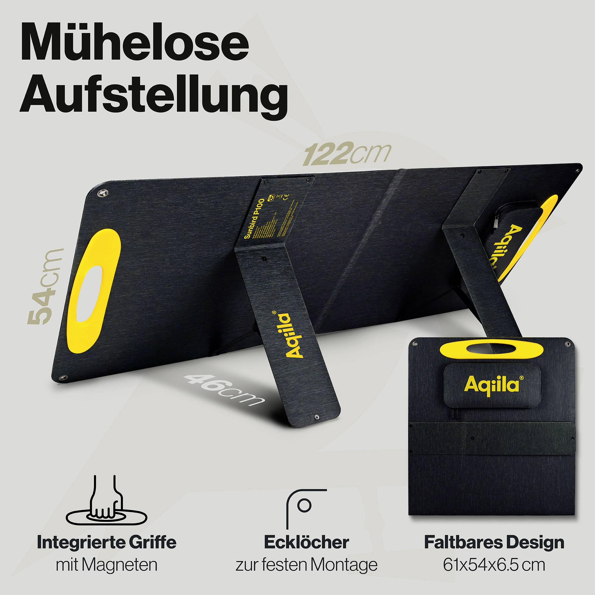 'Moeiteloze Opzet' toont een tafel met afmetingen van 122x54 cm, geïntegreerde handgrepen, hoekgaten voor vaste montage, opvouwbaar ontwerp 61x54x6,5 cm.