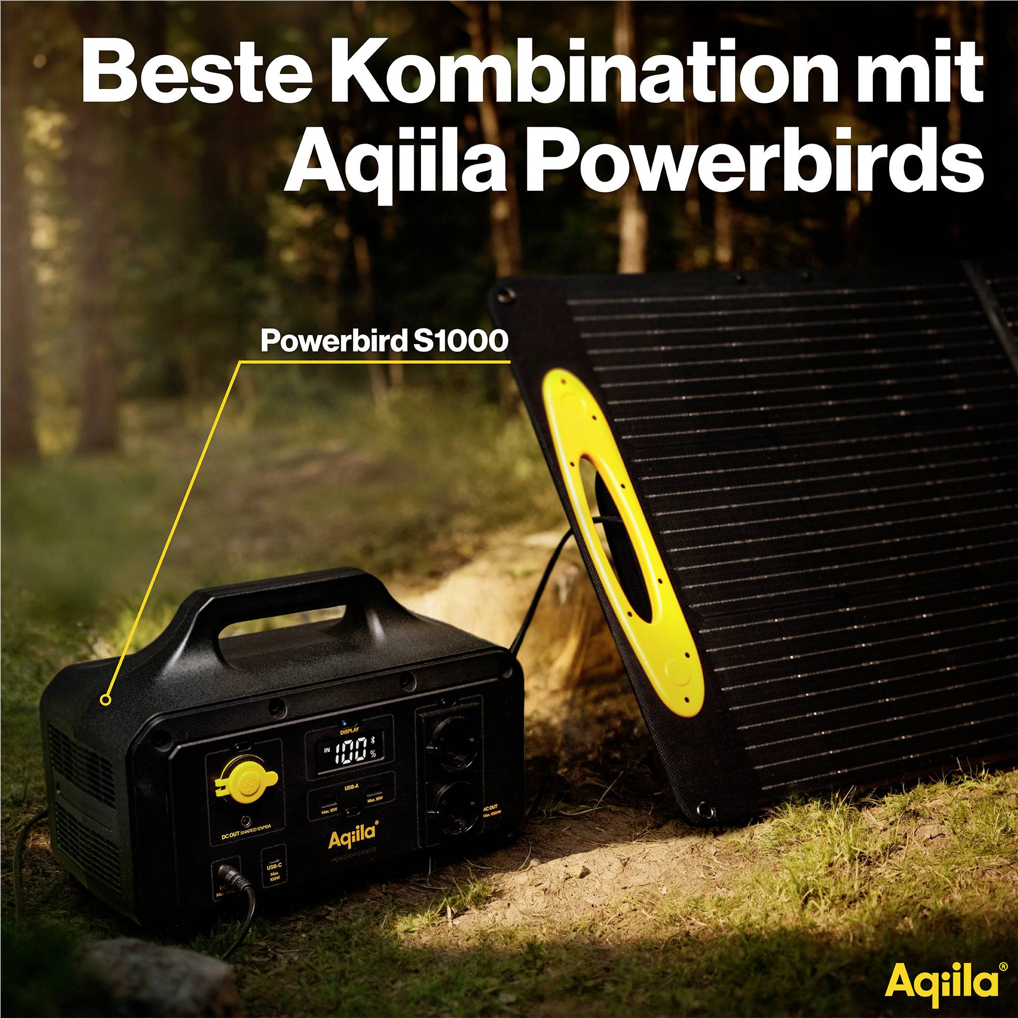 'Powerbird S1000' draagbaar krachtstation en zonnepaneel geplaatst in het bos, uitgelicht als ideale combinatie voor buitengebruik.