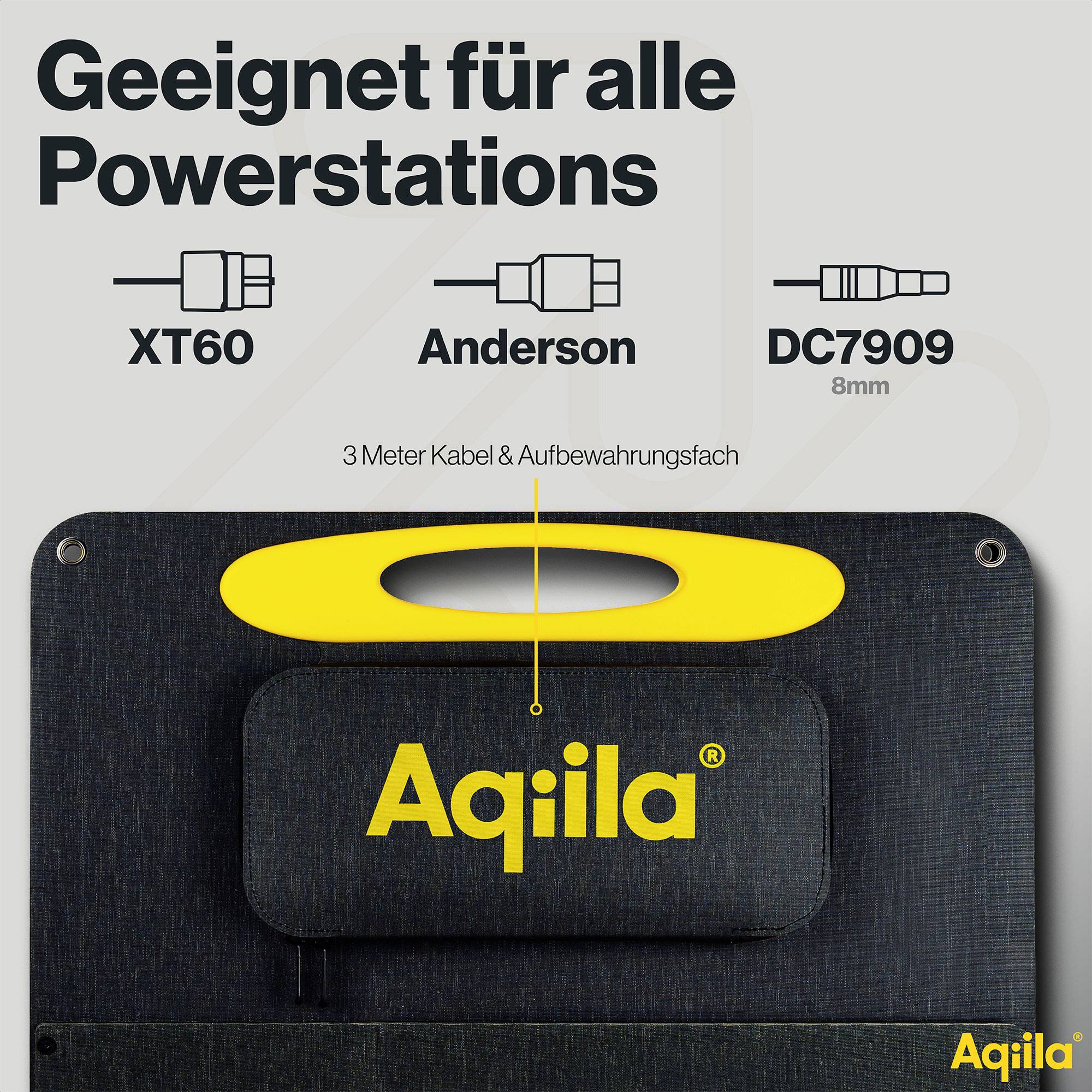 'Geschikt voor alle energiecentrales' toont drie stekkerverbindingstypen: XT60, Anderson, DC7909 (8mm). Daaronder een zwarte tas met het logo 'Aqila'.