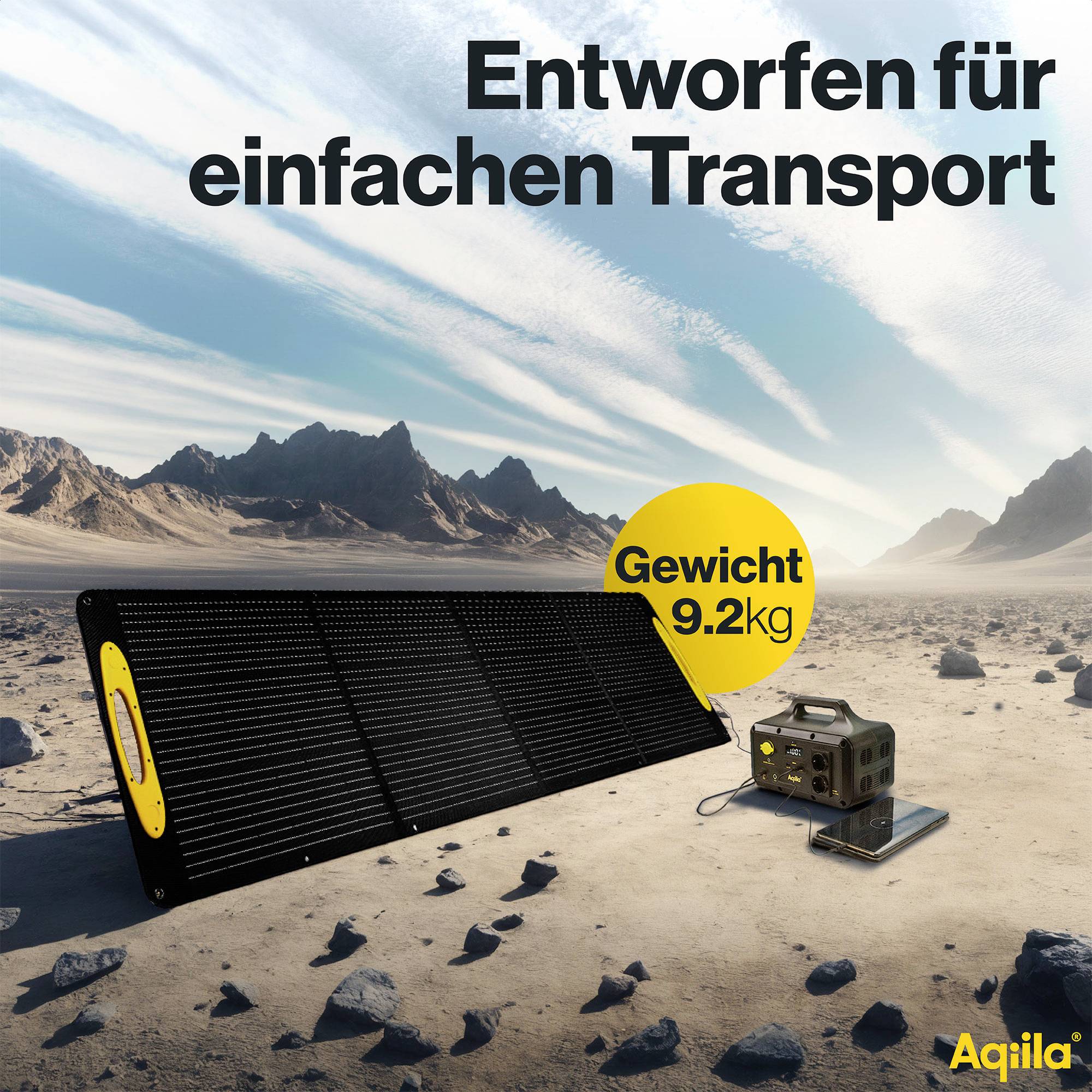 'Ontworpen voor eenvoudige transport'. Een zonnepaneel en een draagbaar apparaat in een woestijnlandschap. Gewicht: 9,2 kg.