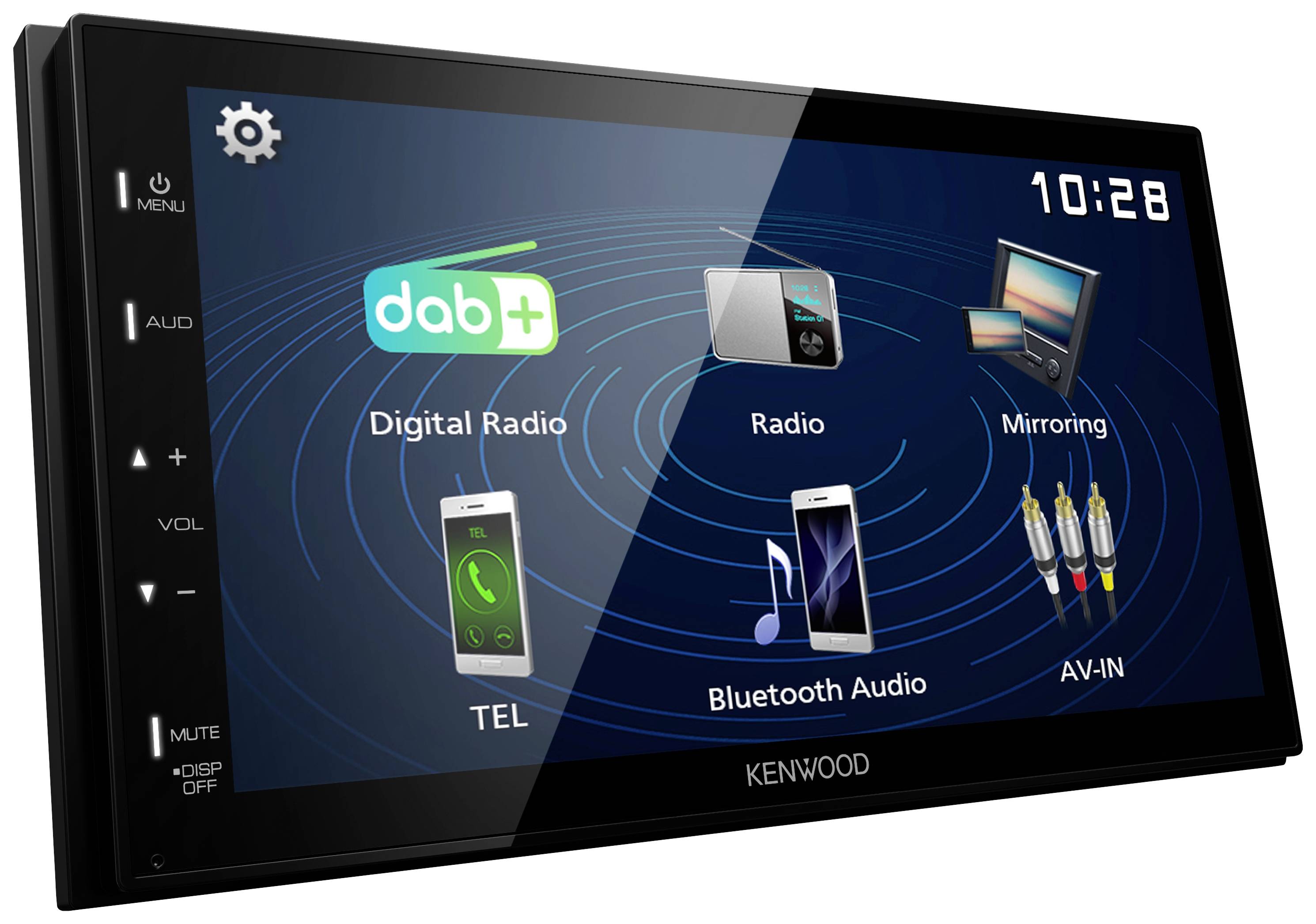 De afbeelding toont een Kenwood autoradio met touchscreen. Er zijn pictogrammen voor digitale radio, radio, spiegeling, Bluetooth-audio, telefoon en AV-IN.