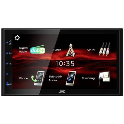 JVC-autoradio-display toont tijd '10:35', apps voor digitale radio, tuner, AV-IN, telefoon, Bluetooth-audio en schermspiegeling.