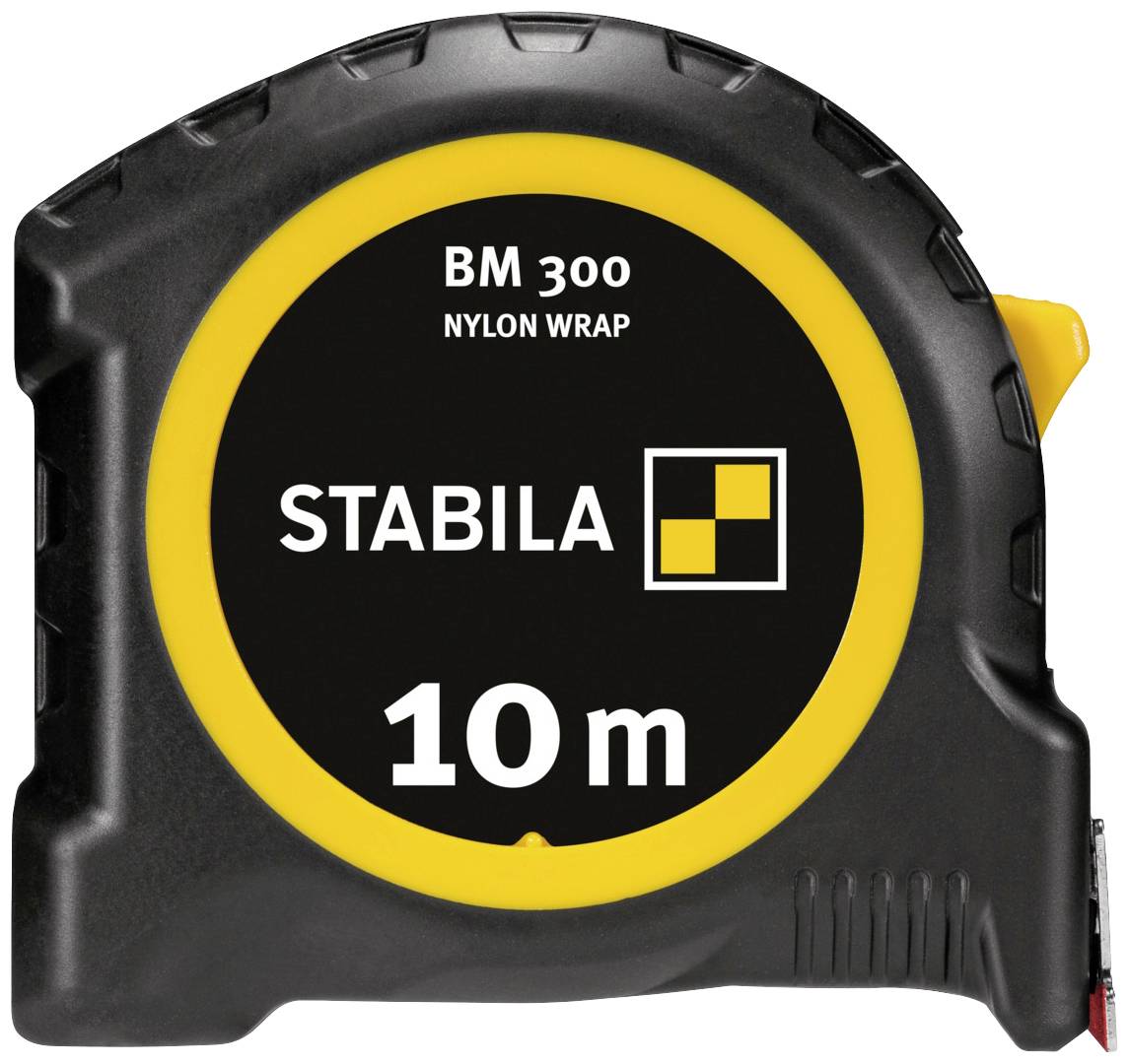 'Zwart en geel meetlint met opdruk "STABILA BM 300 NYLON WRAP 10 m".'