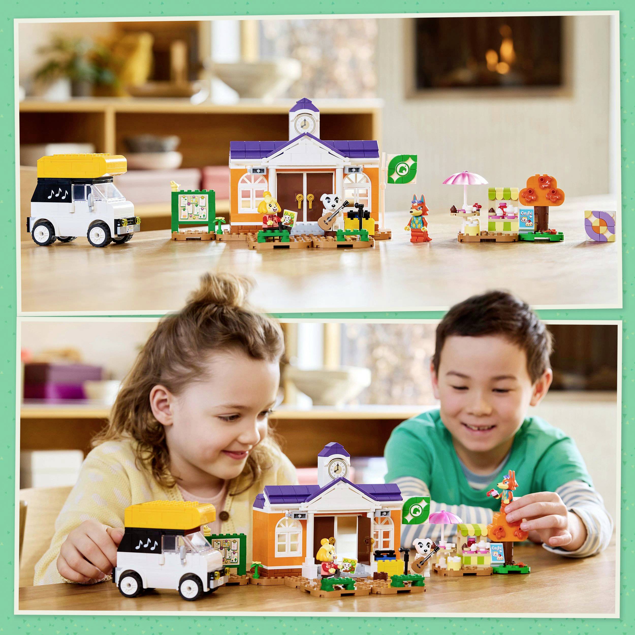 Twee kinderen spelen met een bouwset van gekleurde blokken, waarbij een klein café en een bestelwagen worden geconstrueerd.