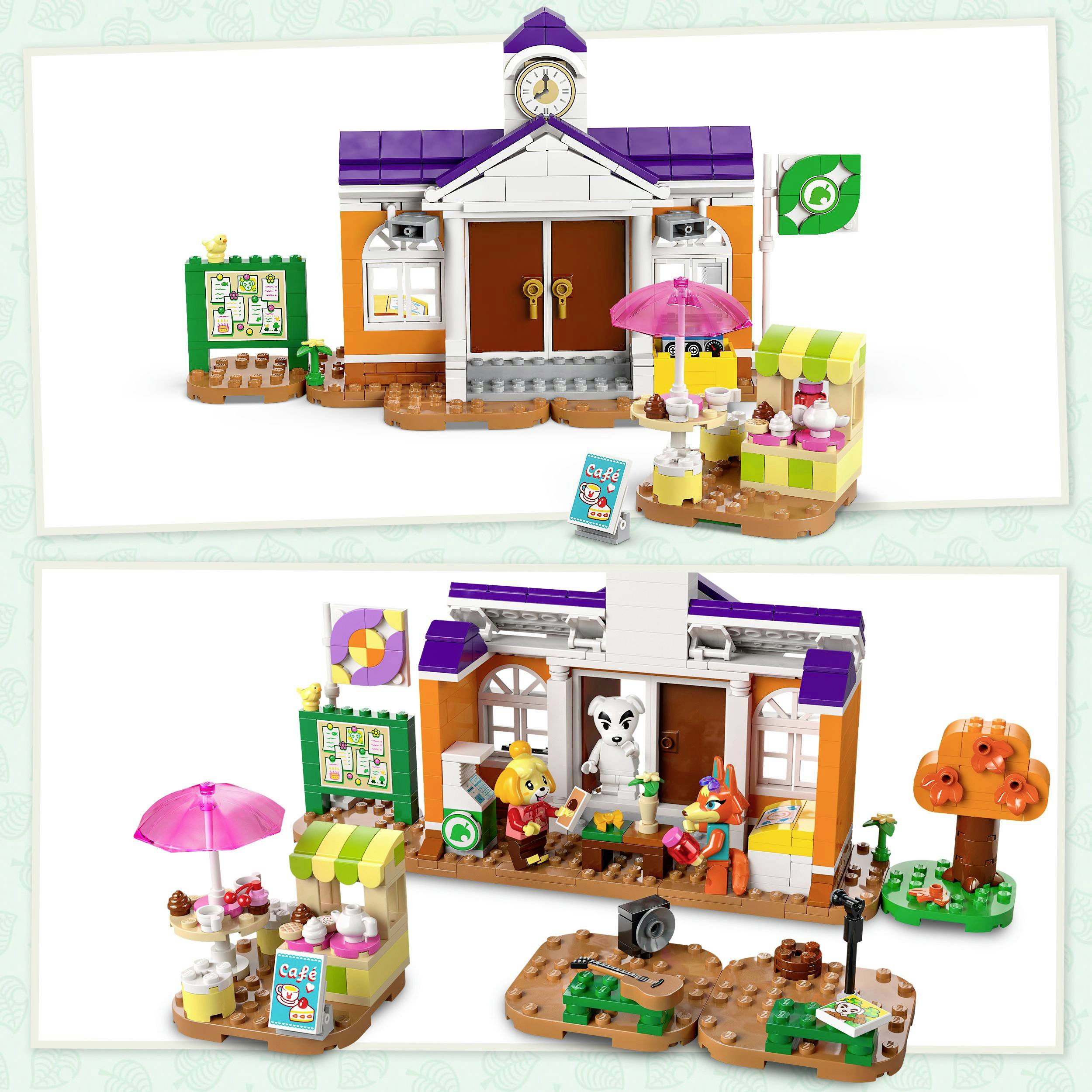 LEGO-set toont twee scènes: bovenaan een huis met klok en ingang, onderaan dierfiguren voor het huis met tuinscène, speelplezier voor kinderen.