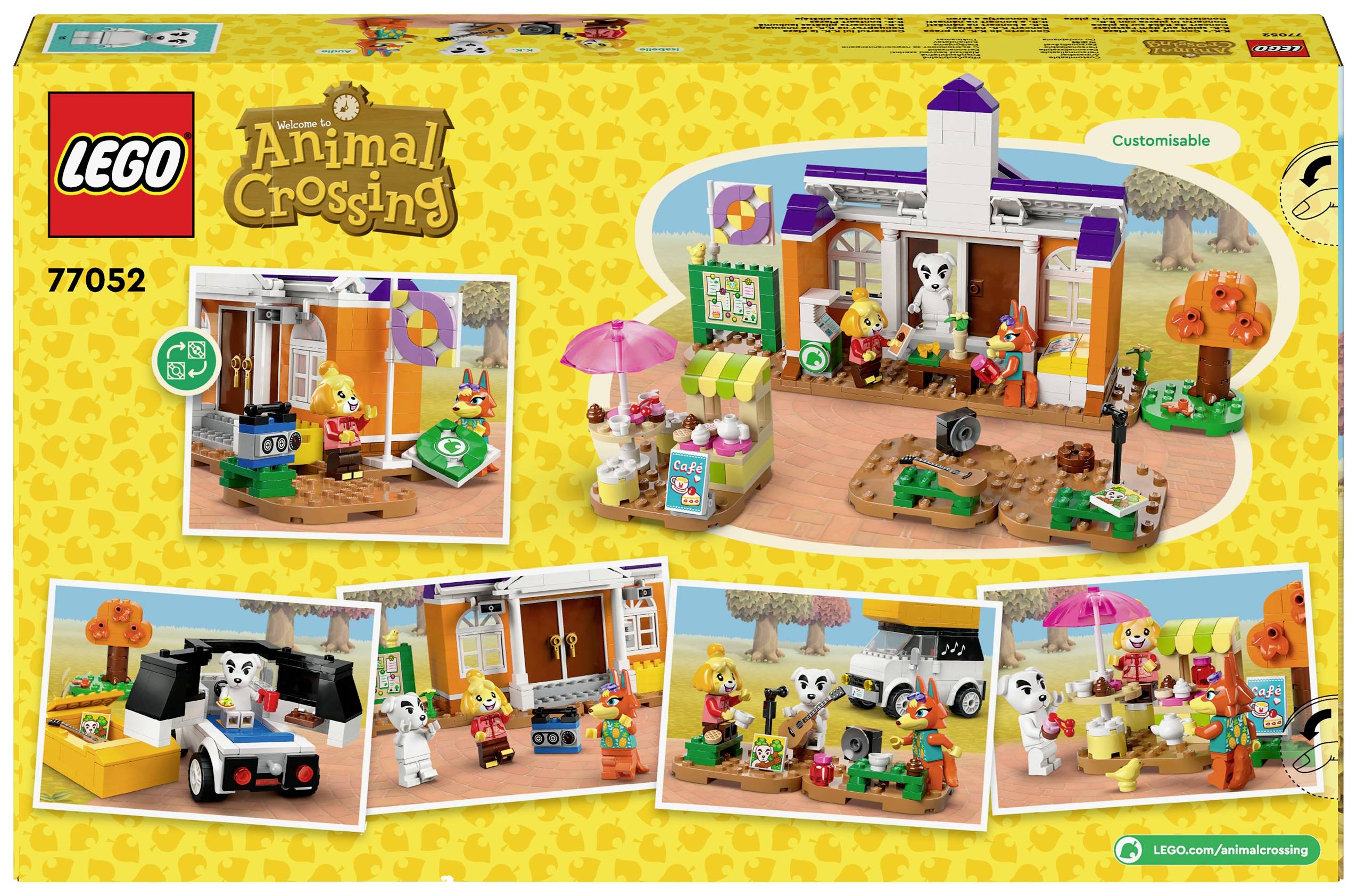LEGO-set met het thema 'Animal Crossing'. Scènes tonen personages, gebouwen en dieren. Verpakkingsontwerp met kleurrijke elementen.