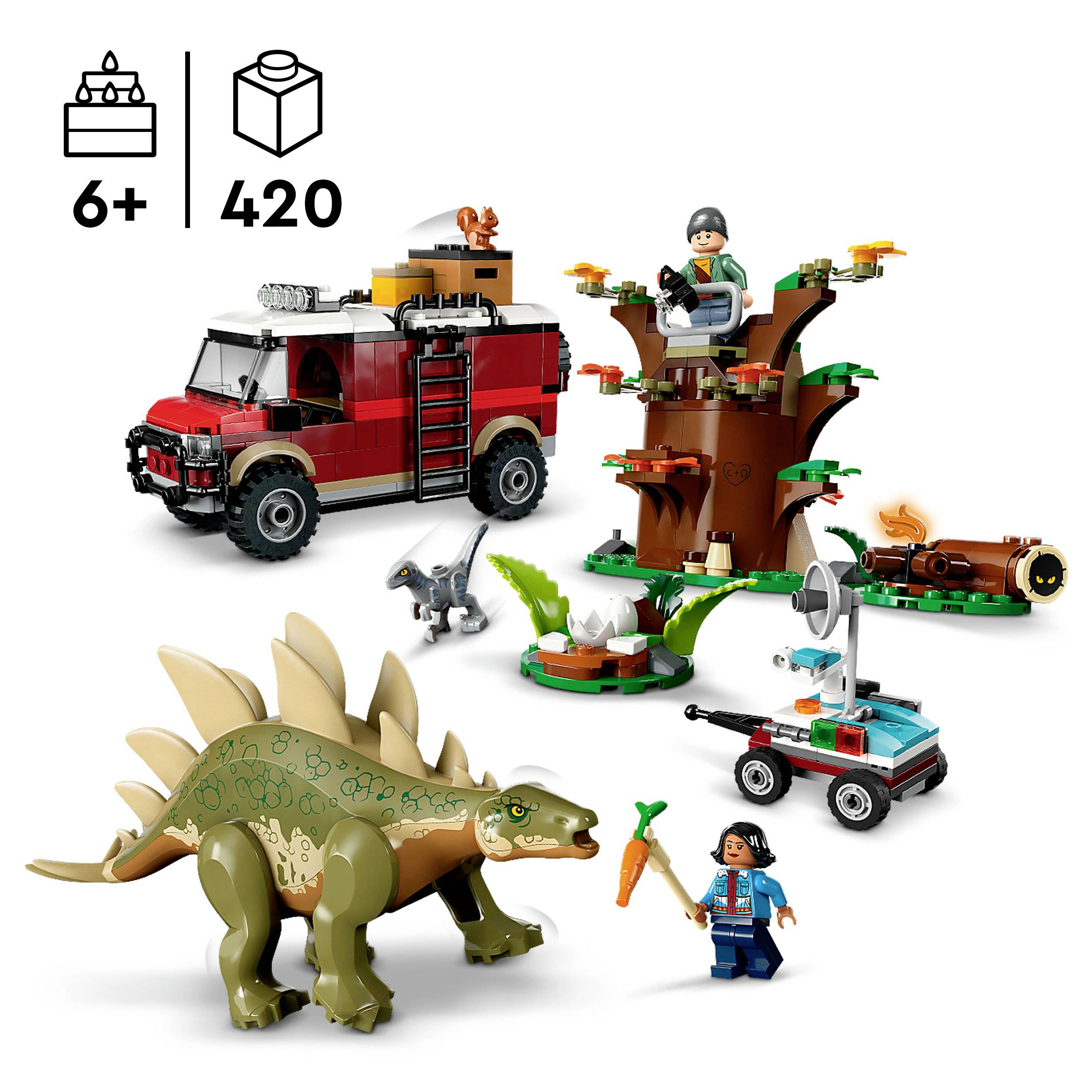 Lego-set met 420 onderdelen: Off-road voertuig, boomhut, dinosaurus, speelfiguren en toebehoren. Geschikt voor kinderen vanaf 6 jaar.