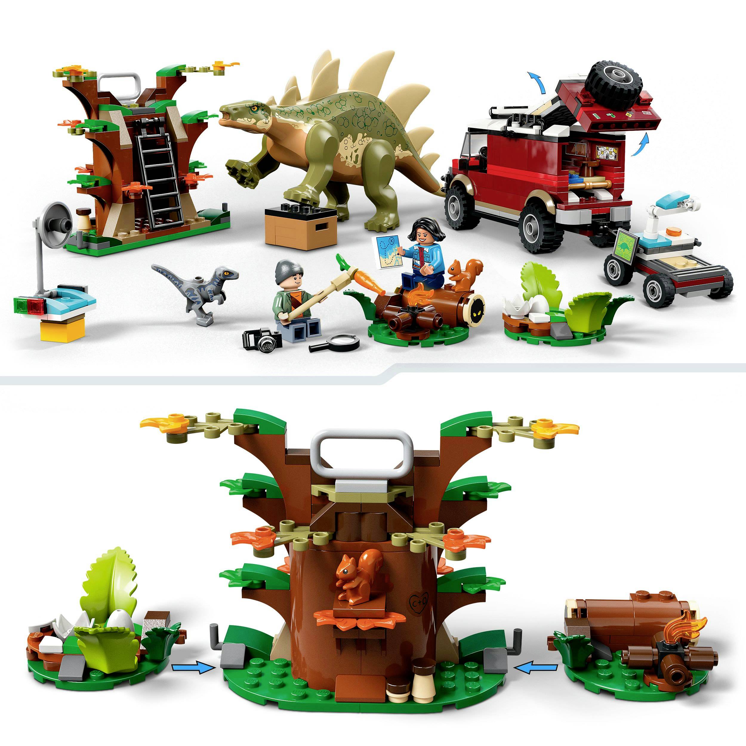 LEGO-set met boomhuis, rode terreinwagen en dinosaurus. Bevat figuren en accessoires voor Jurassic Park-avonturenschènes.