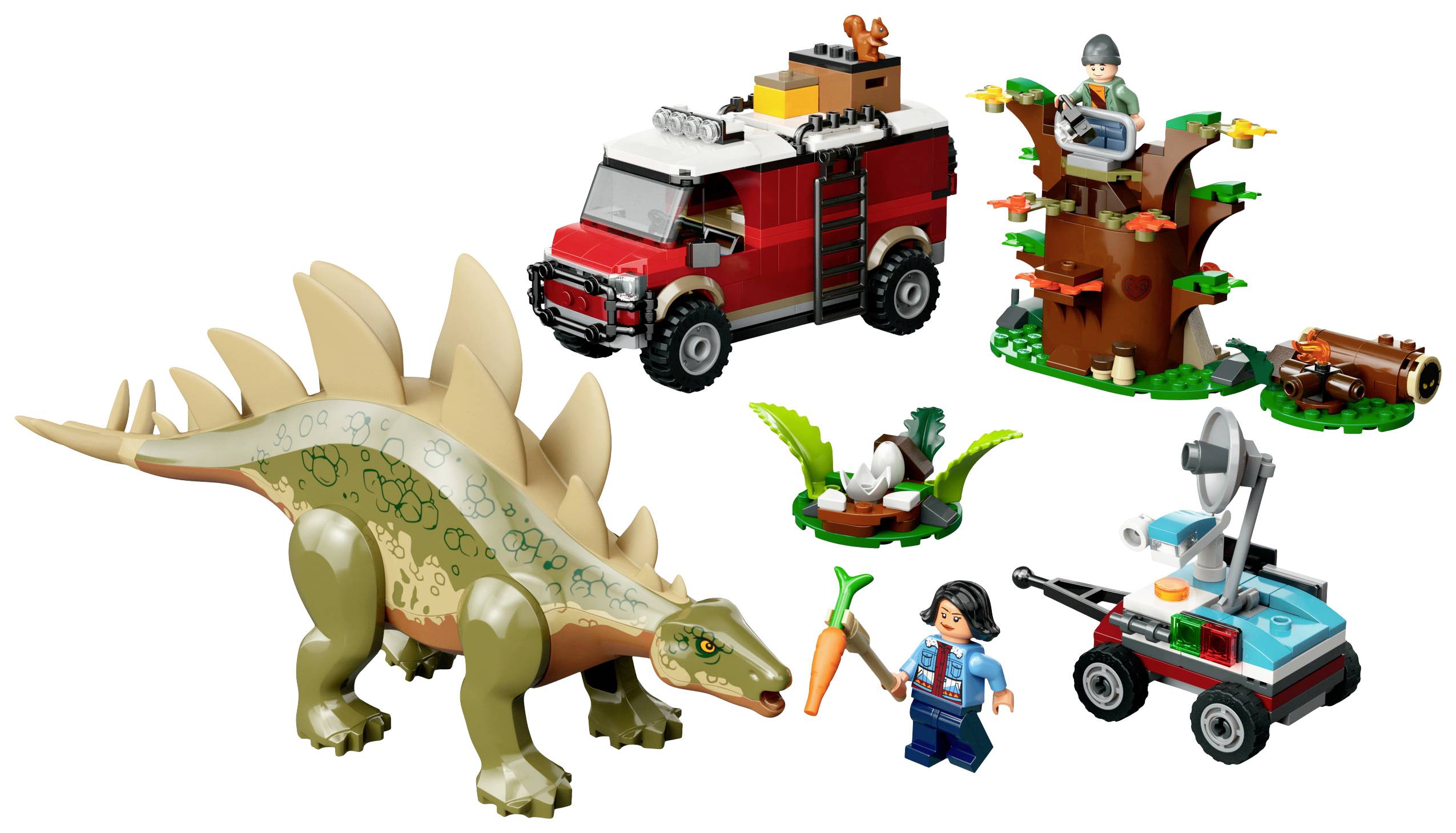 Een speelgoedset met een dinosaurus, een rode terreinwagen, een boomhut, een kleine voertuig en figuren met toebehoren.