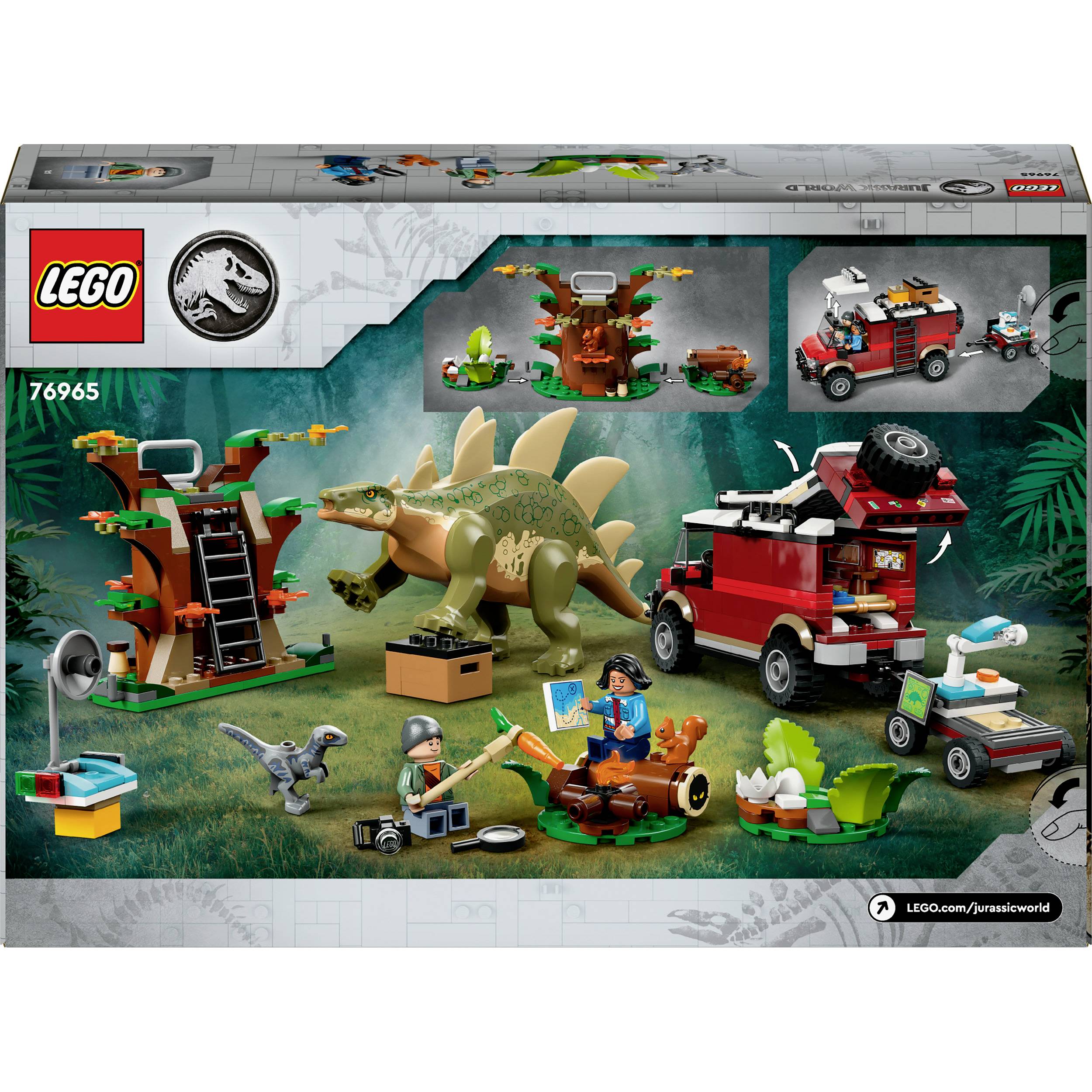 LEGO-set "Jurassic World" met voertuig, dinosaurussen en figuren in een jungle-omgeving, inclusief accessoires en boomstructuren.