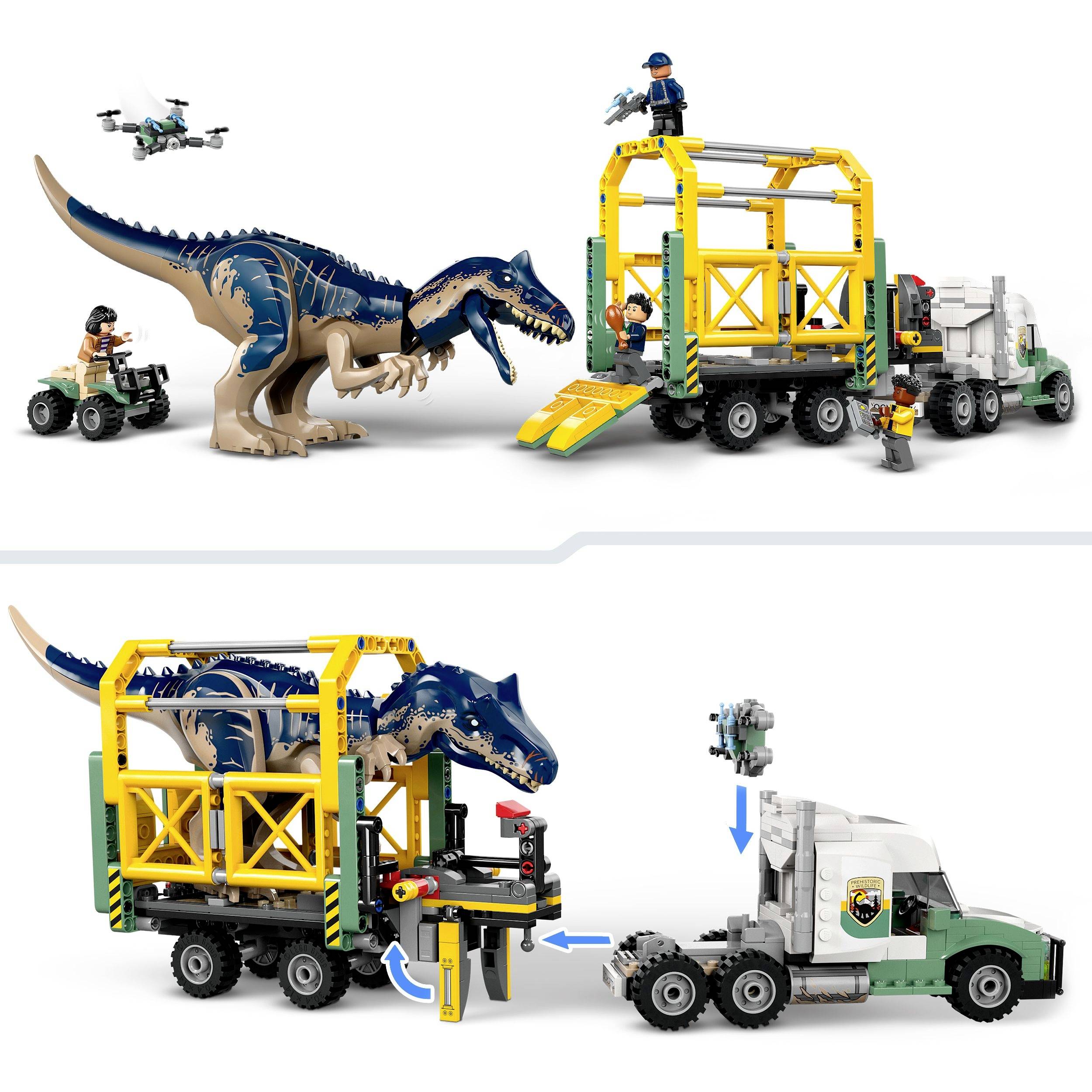 LEGO-set met dinosaurus, transportvoertuig en minifiguren. Boven wordt de dinosaurus begeleid, beneden wordt hij geladen en vervoerd.
