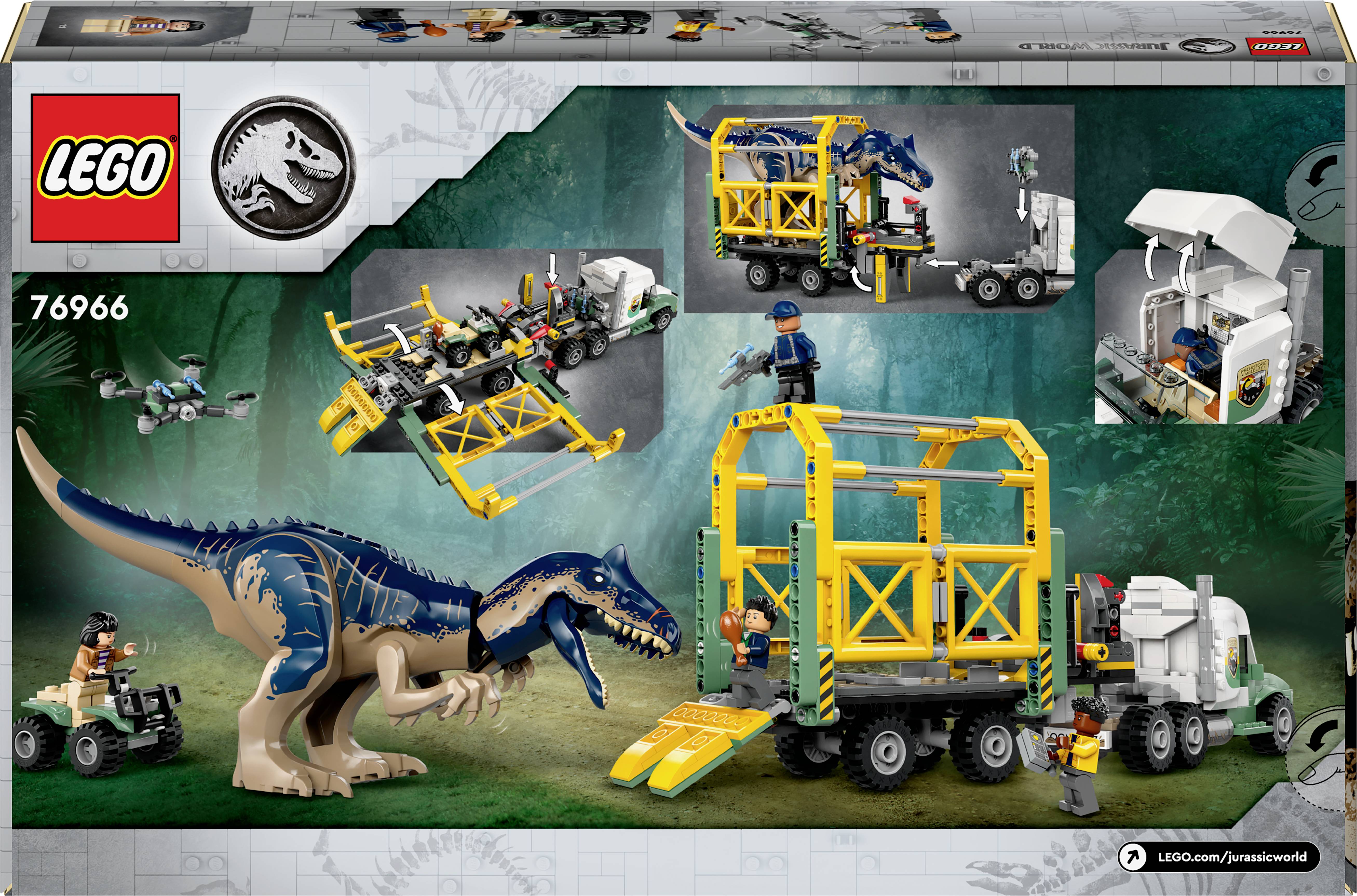 Lego-set 'Jurassic World' met T-Rex, terreinwagen, kooi en figuren in junglethema. Bevat voertuigen voor het vangen van de dinosaurus.