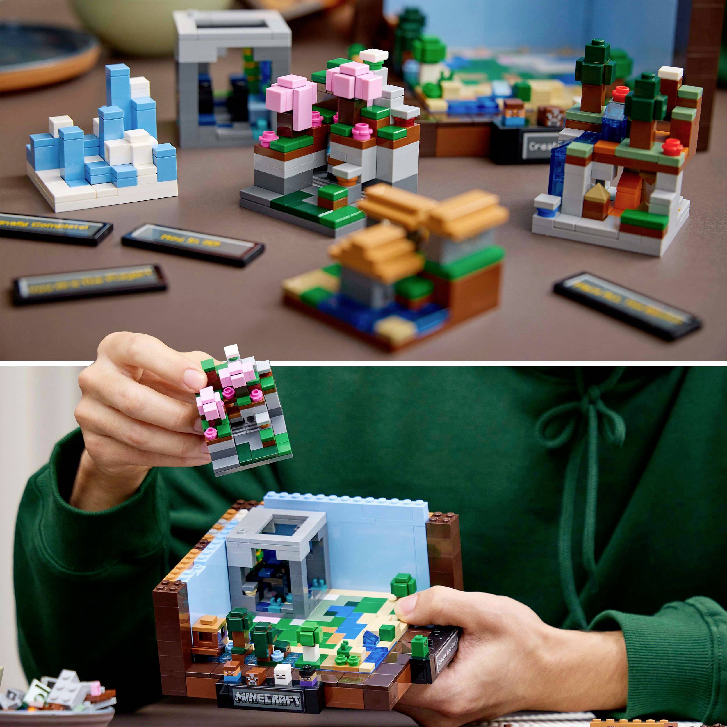Boven: Kleine, kleurrijke bouwsteencreaties op tafel; onder: Hand houdt bouwsteenmodel vast voor groene achtergrond, geïnspireerd door 'Minecraft'.