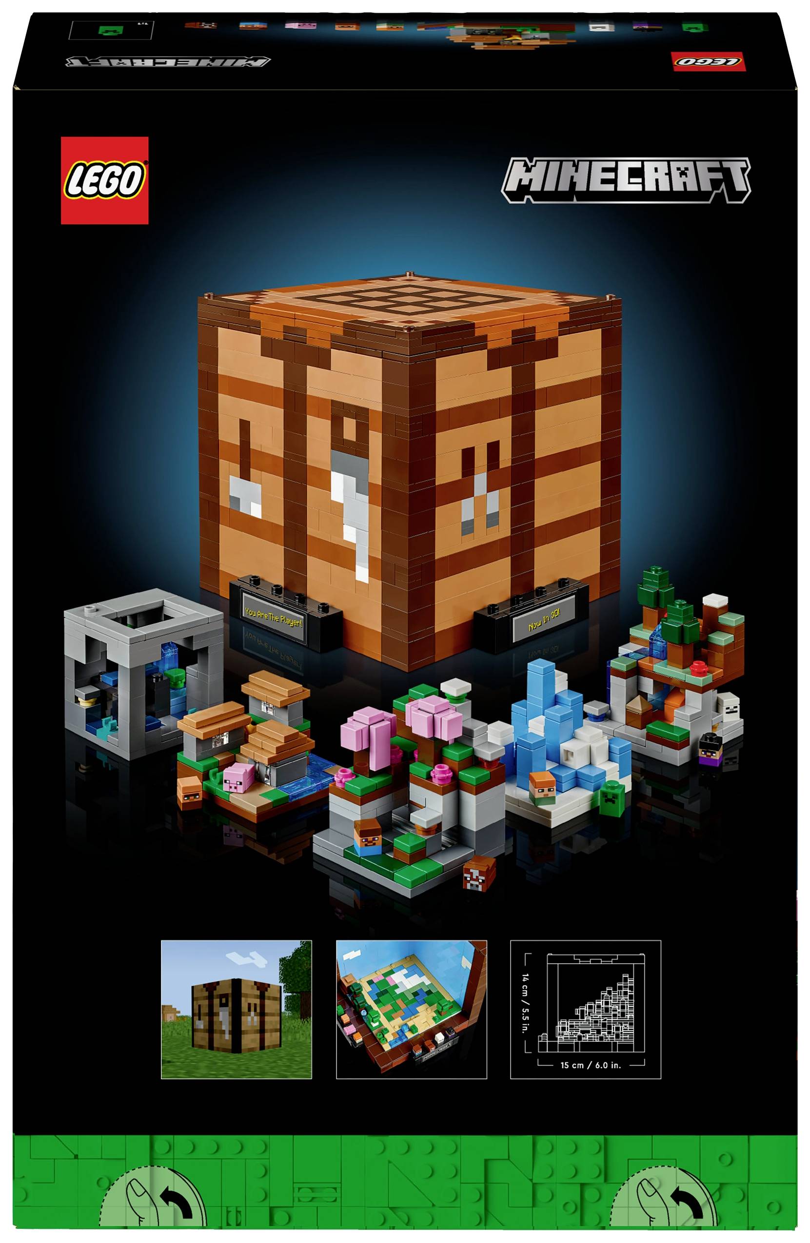 LEGO-set 'Minecraft: Crafting-Box' toont een pixelige houten kubus met verschillende kleine Minecraft-taferelen en -figuren.