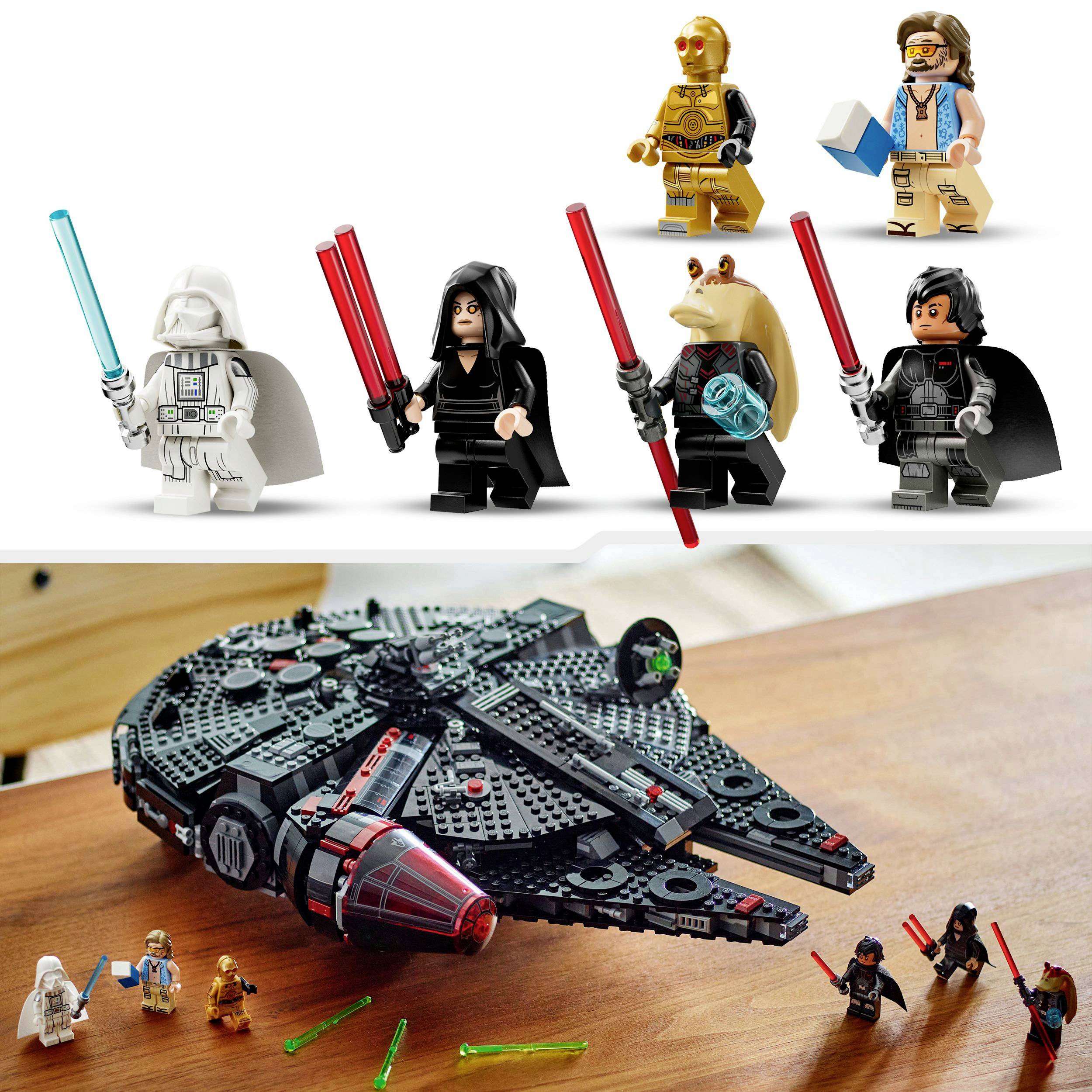 Lego-figuren uit 'Star Wars', waaronder Darth Vader en andere Sith, staan naast een Lego Millennium Falcon-ruimteschip.