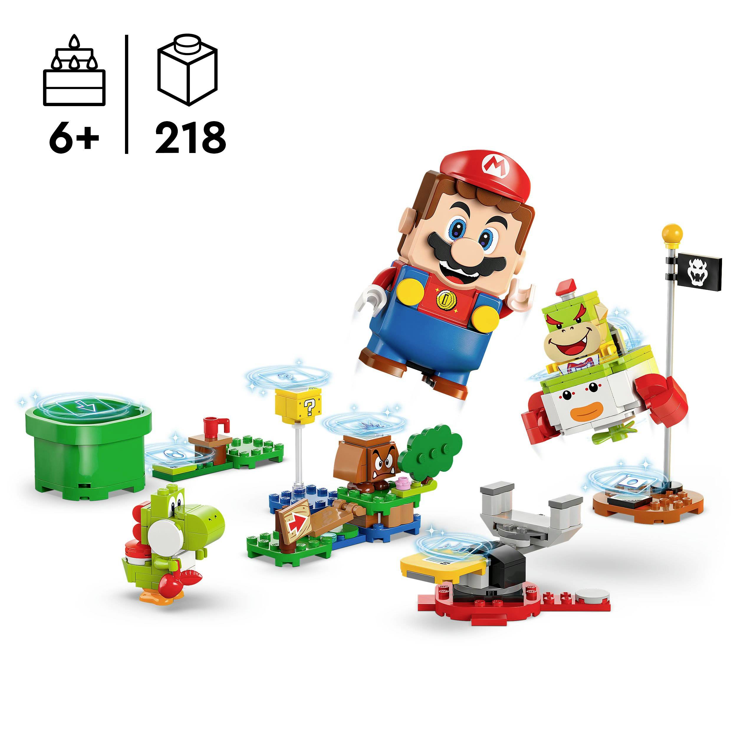 Lego-set met Super Mario-thema's: Mario springt; Goomba, Yoshi, baas en pijpen; bevat 218 onderdelen; geschikt voor kinderen vanaf 6 jaar.