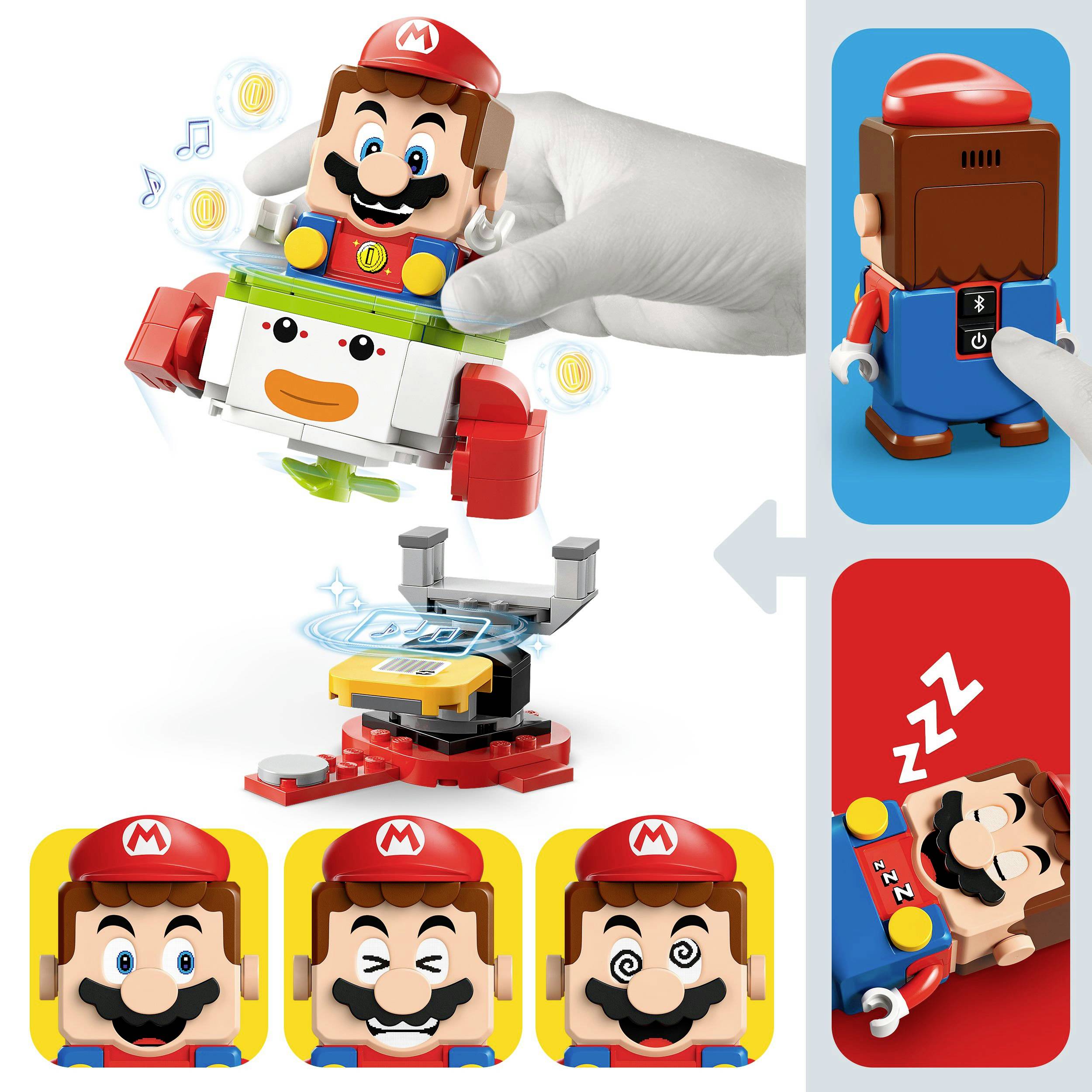 'Lego Mario-figuur op een elektronisch platform, met wisselende gezichtsuitdrukkingen, slaapstand en bewegingssensor-indicator.'