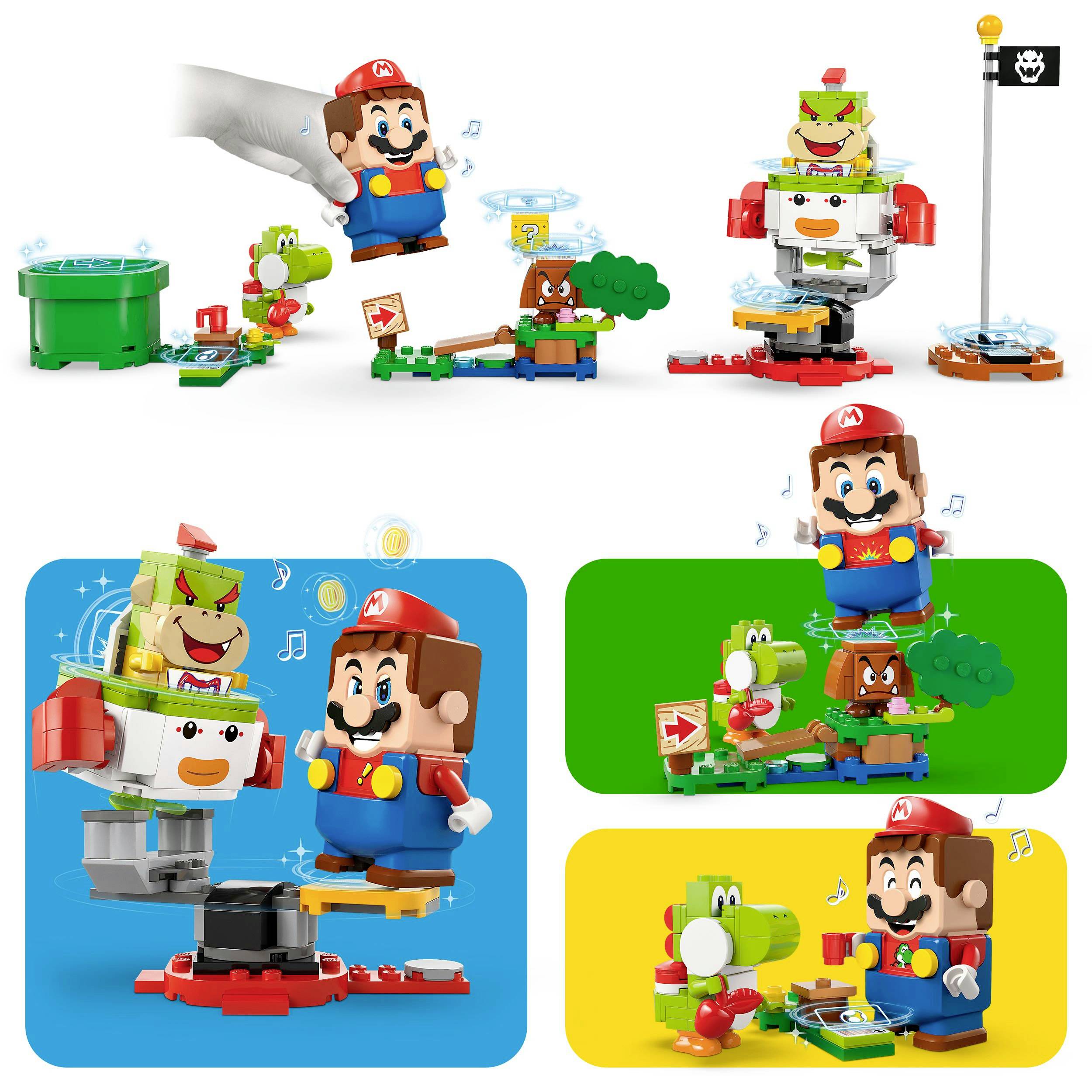 'LEGO-set met figuren. Mario beweegt zich tussen groene en grijze platforms, interageert met andere personages en vlag.'