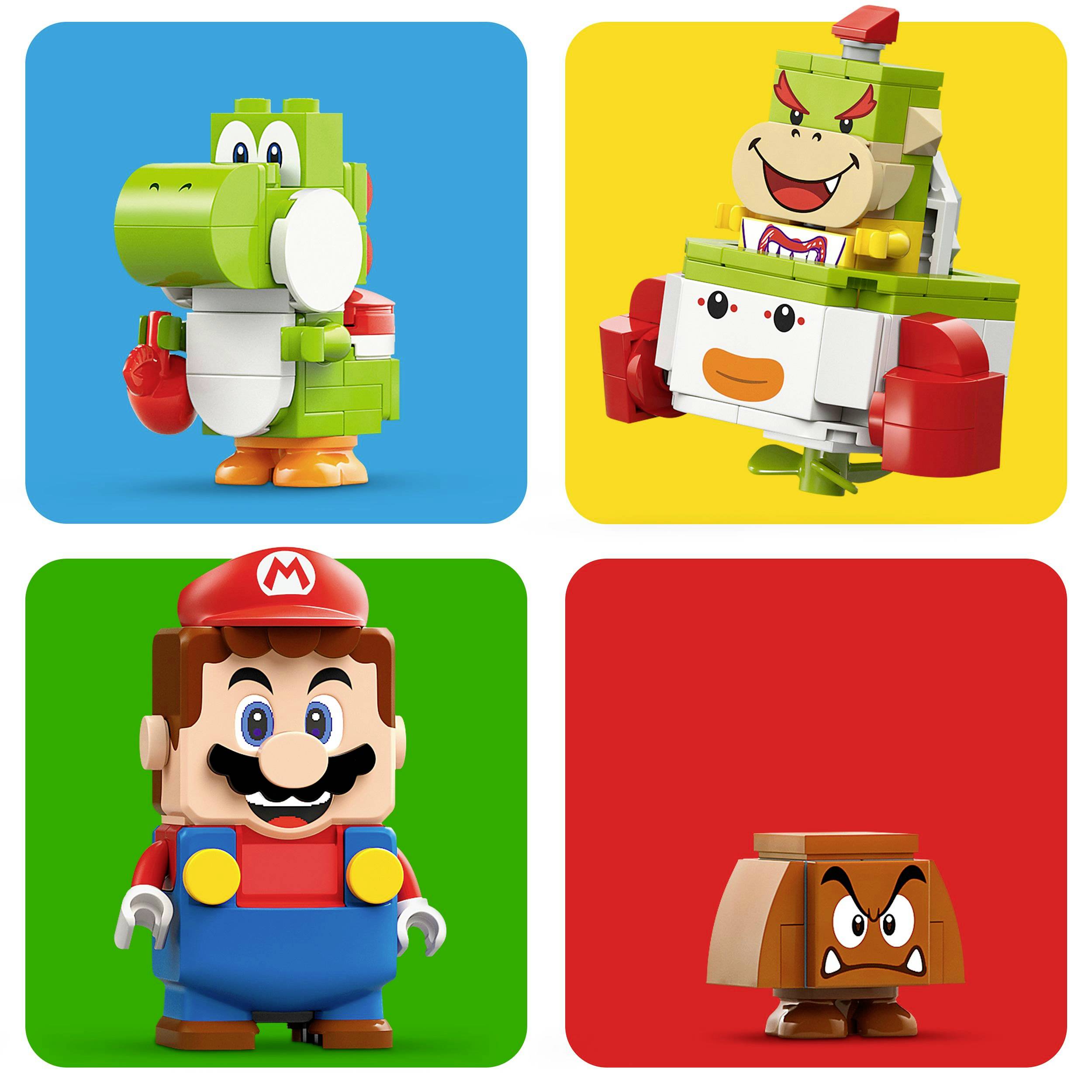 Vier LEGO-figuurtjes uit Super Mario: Yoshi op een blauwe achtergrond, Bowser Jr. op een gele, Mario op een groene en Gumba op een rode.
