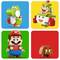 Vier LEGO-figuurtjes uit Super Mario: Yoshi op een blauwe achtergrond, Bowser Jr. op een gele, Mario op een groene en Gumba op een rode.