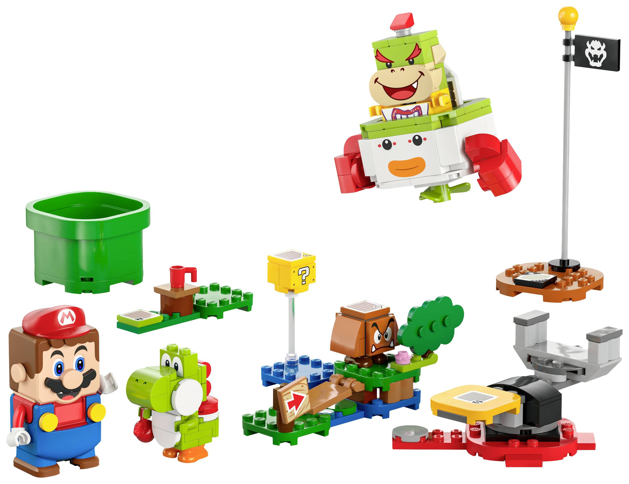 Lego-bouwset met Mario, Yoshi en tegenstanders uit een videospel. Bevat onderdelen zoals een groene tunnel, vraagteken-blok en vlag.