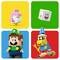Vier kleurrijke vierkanten, elk met een LEGO-poppetje: roze dinosaurus, kubusmonster, Luigi, en een Koopaling met een toverstaf op een rode achtergrond.
