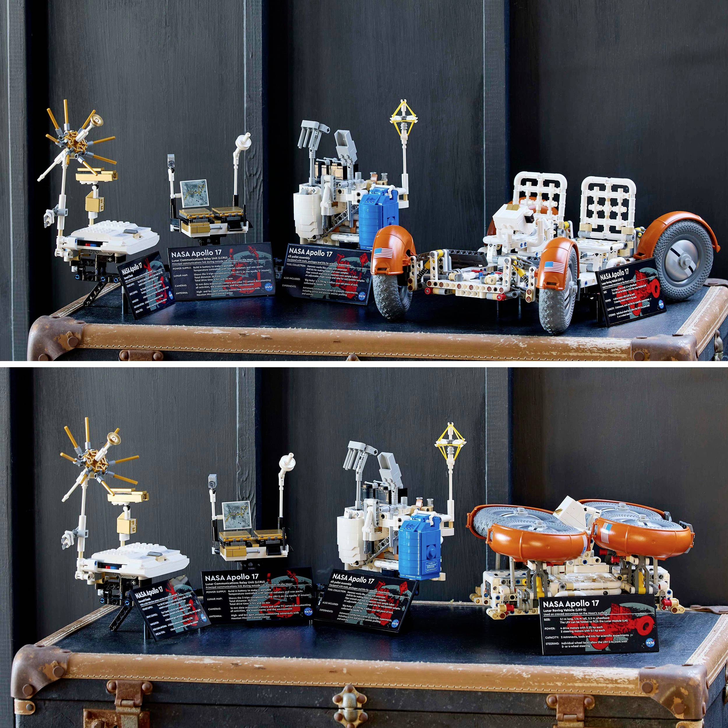 NASA Apollo 17 Model met maanlander, rover en uitrusting. Informatief als onderdeel van een tentoonstelling over ruimtevaart.