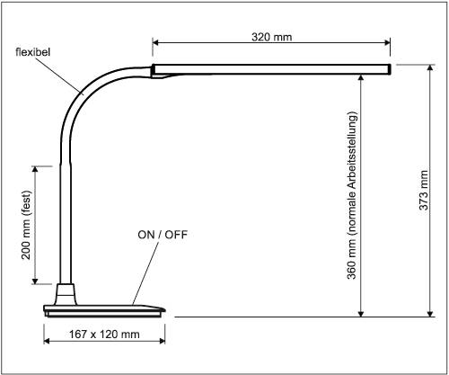 Zwart-wit tekening van een bureaulamp met afmetingen: 320 mm lengte, 373 mm hoogte, flexibele arm. 'AAN/UIT'-schakelaar gemarkeerd.
