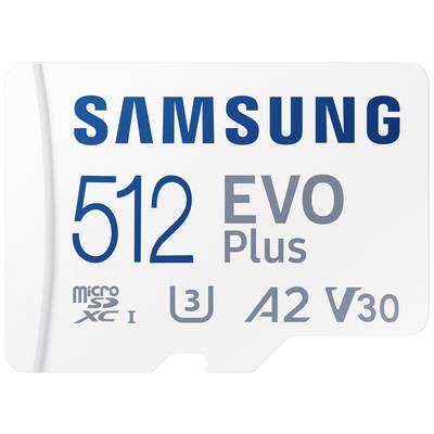 Een witte microSD-kaart van Samsung met 512 GB capaciteit, EVO Plus serie. Ondersteunt U3, A2, V30 snelheidsklassen.