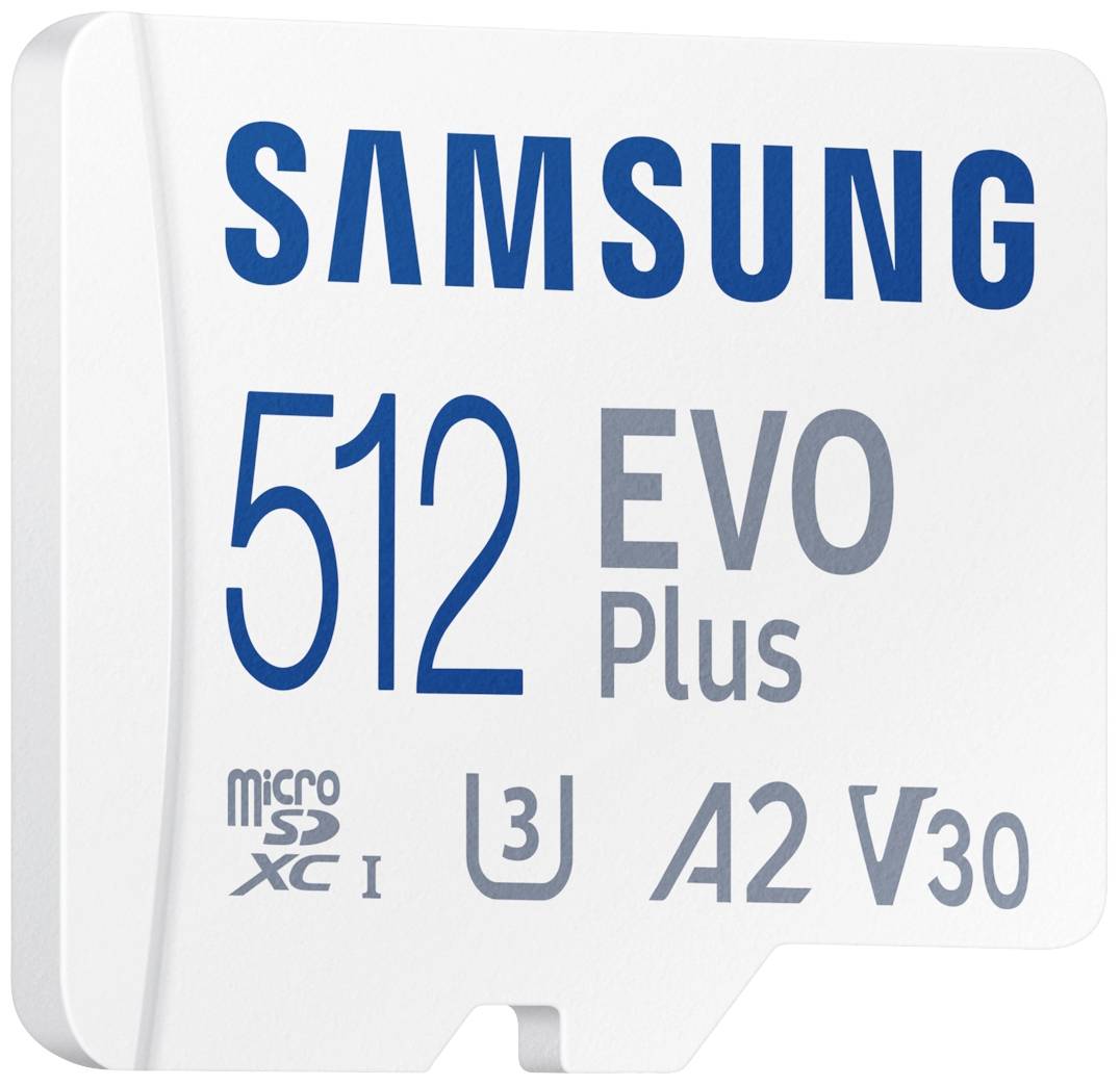 Samsung-geheugenkaart, model 'EVO Plus' met 512 GB capaciteit. Toont symbolen voor MicroSDXC, U3, A2 en V30-ondersteuning.