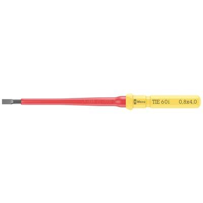 'Wera Schroevendraaier TIE 601 met geïsoleerde gele handgreep en rode steel, 0.8x4.0mm, geschikt voor elektrische werkzaamheden.'