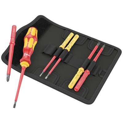 Een set schroevendraaiers en bits met rode en gele handgrepen op een zwarte gereedschapstas.