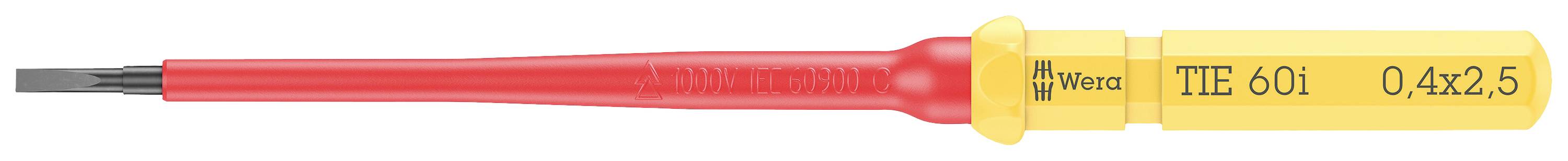 Schroevendraaier met geïsoleerde rode handgreep en gele steel, gemarkeerd met 'Wera', '1160i', '0,4x2,5'. Geschikt voor elektrowerkzaamheden.