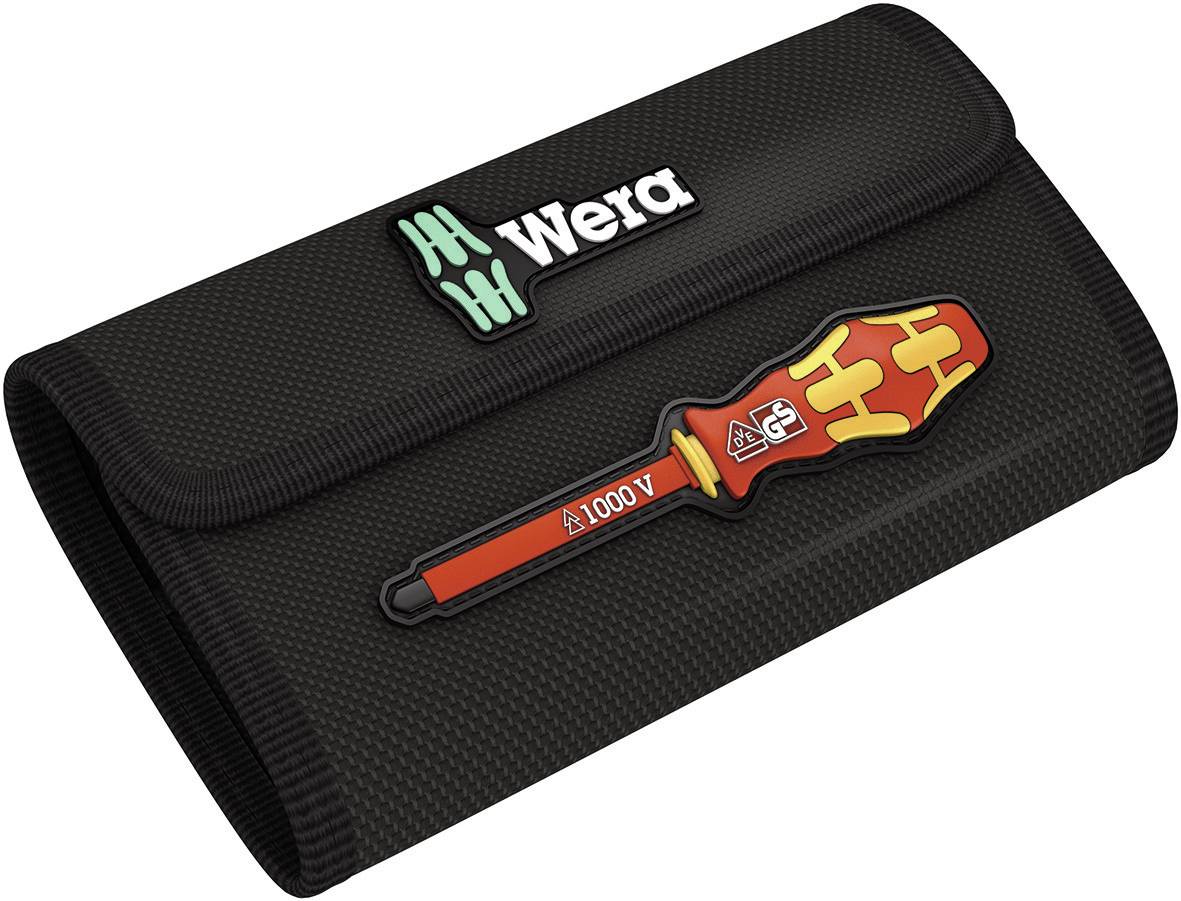 'Wera'-logo op een zwarte gereedschapstas met een afbeelding van een geïsoleerde schroevendraaier, geschikt voor werkzaamheden tot 1000 volt.