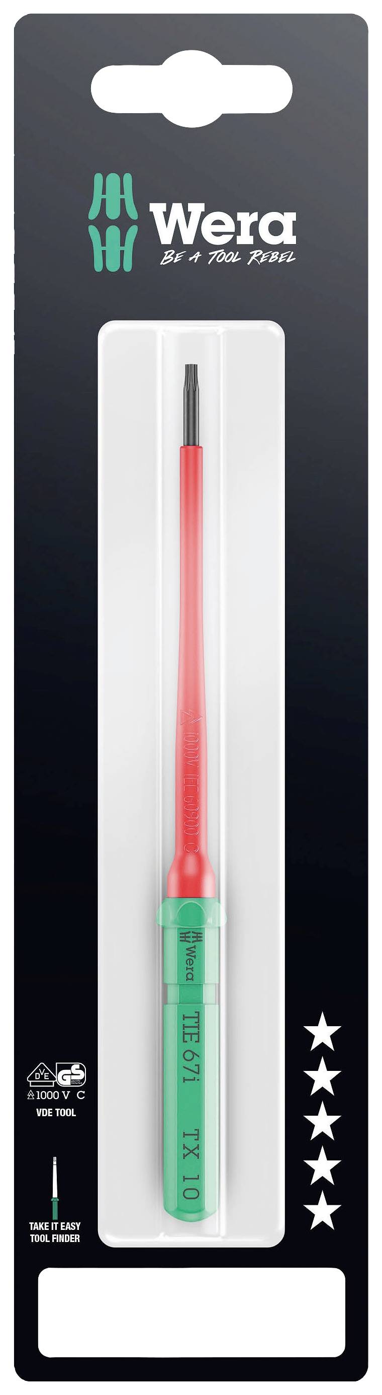 Packaging of a Wera screwdriver, type TX 10. The handle is green-red. Logos and stars are depicted on the packaging.