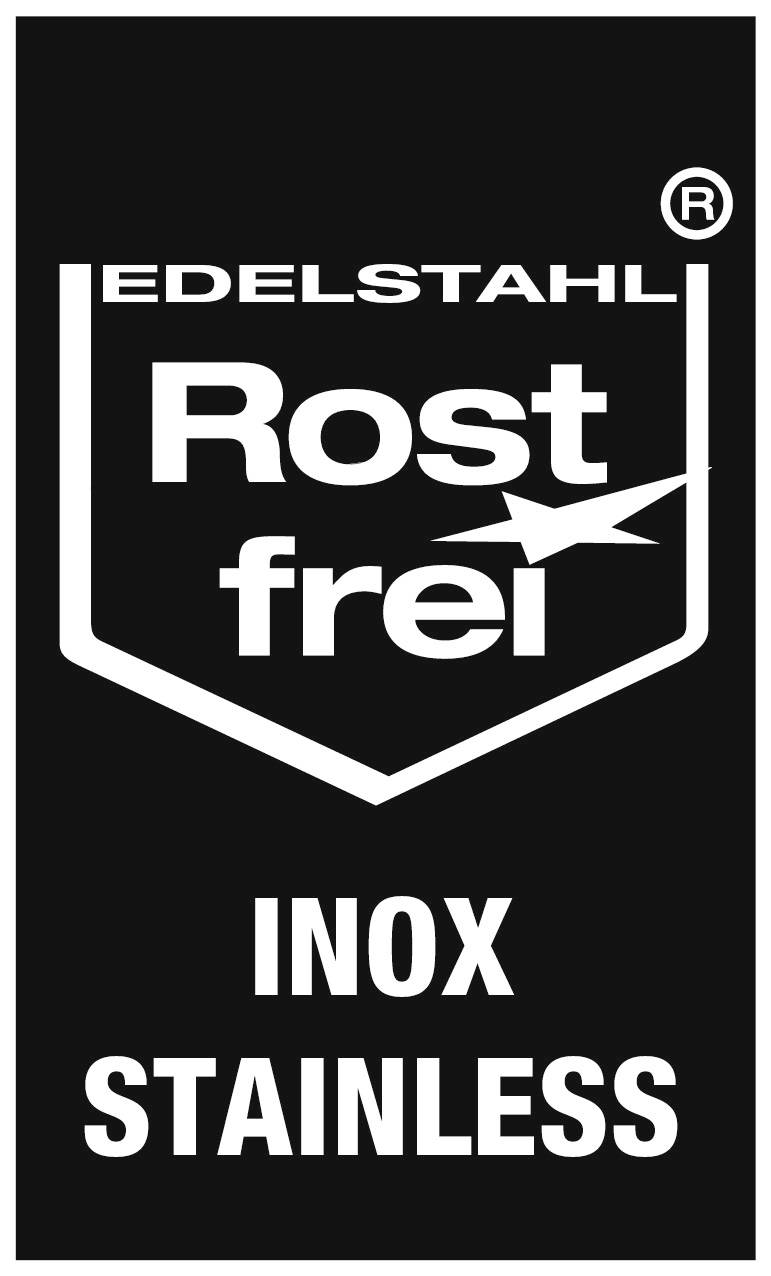 'EDERSTAHL Roestvrij INOX ROESTVRIJ' Logo op zwarte achtergrond, symboliseert roestvrij edelstaalmateriaal.