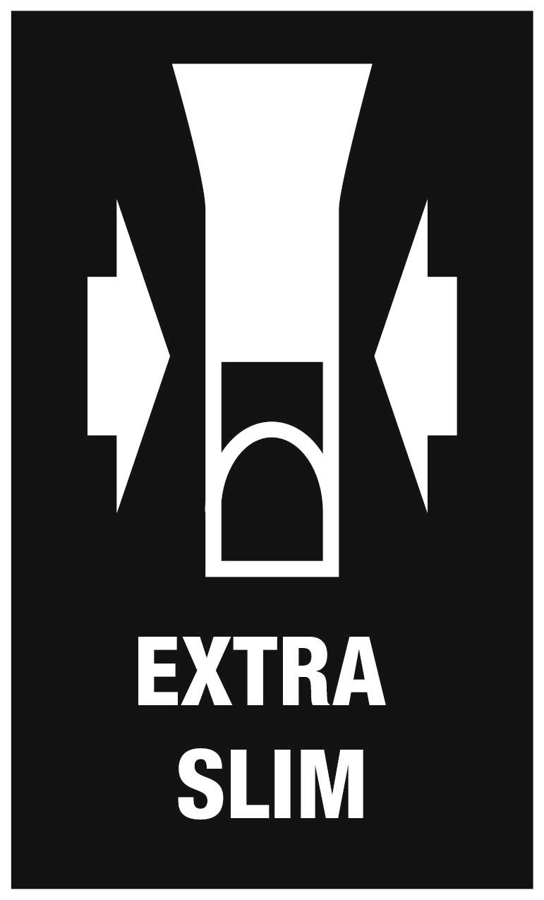 Een zwart schild met een wit symbool voor 'Extra Slim'. Het symbool toont een dunne, gestileerde pijl tussen twee bredere pijlen.