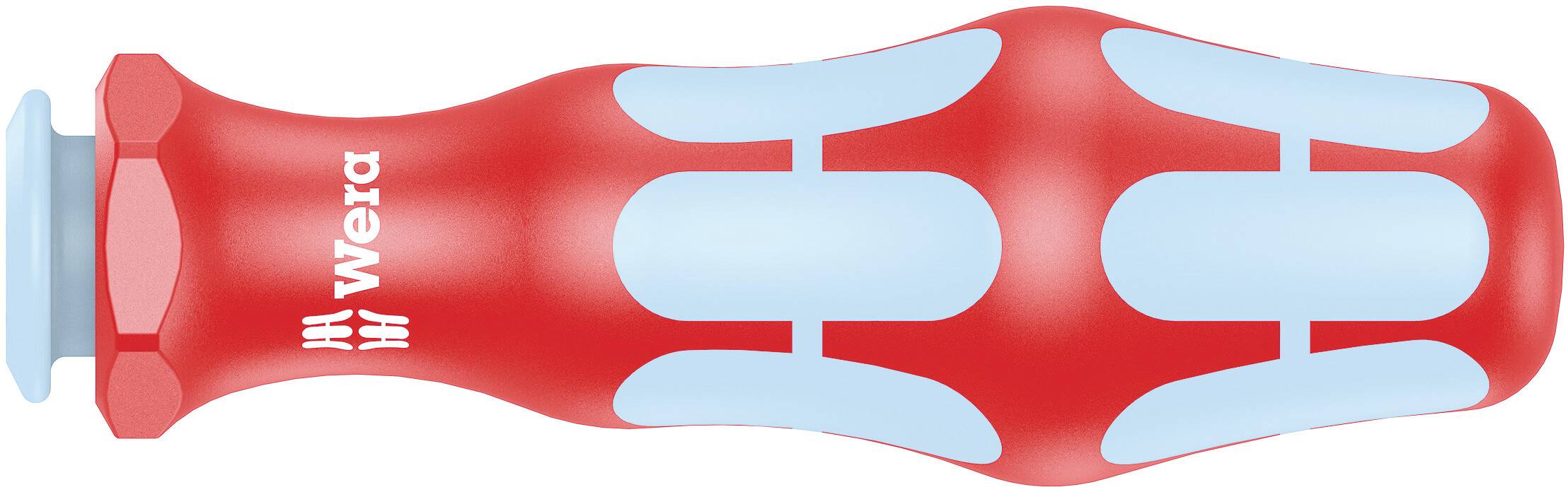 Rode schroevendraaiergreep met ergonomisch ontwerp en lichtblauwe inzetstukken, merknaam 'Wera' aan de zijkant.