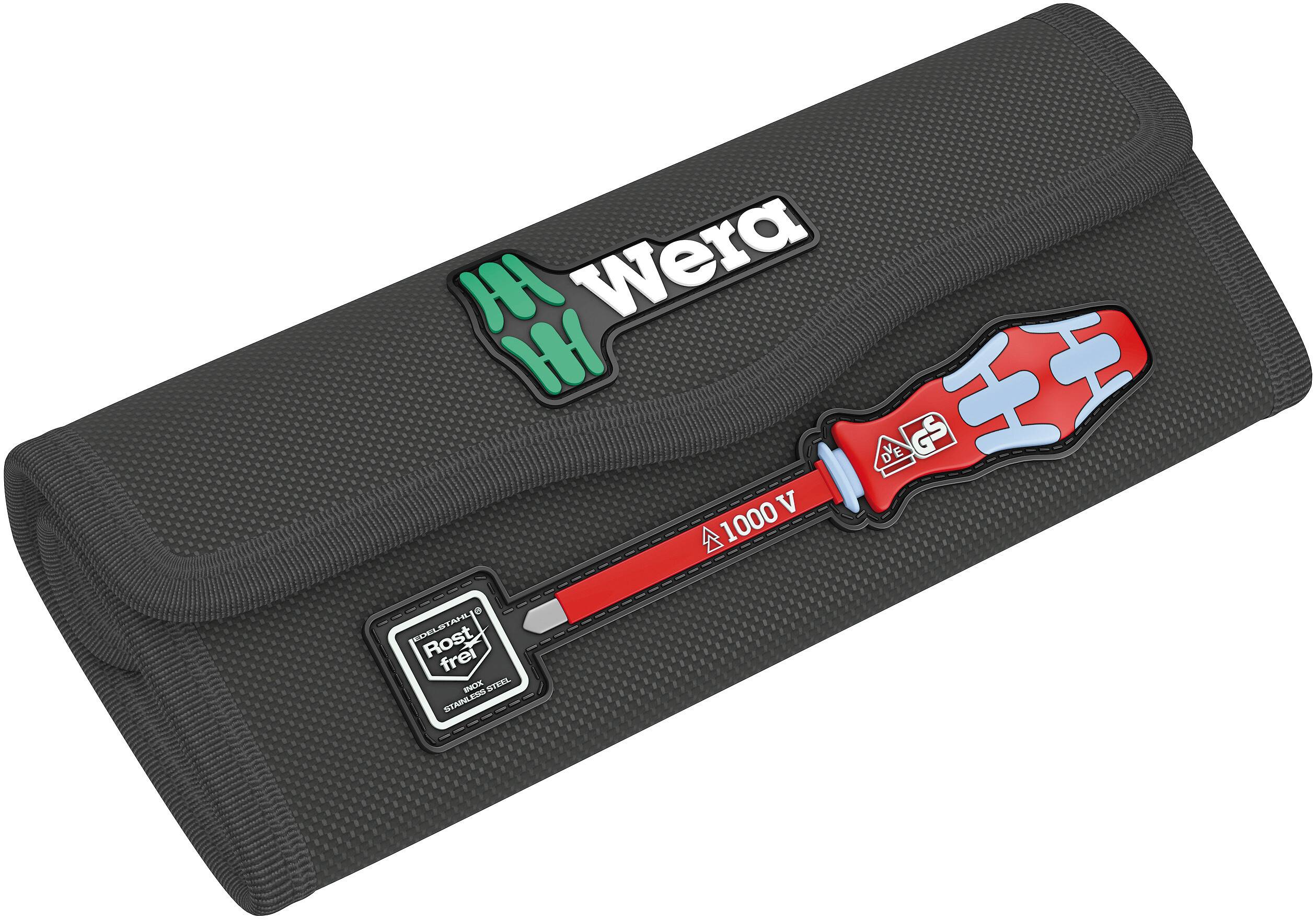 Een gereedschapsset van Wera in een zwarte tas, inclusief een geïsoleerde schroevendraaier geschikt voor tot 1000 volt.