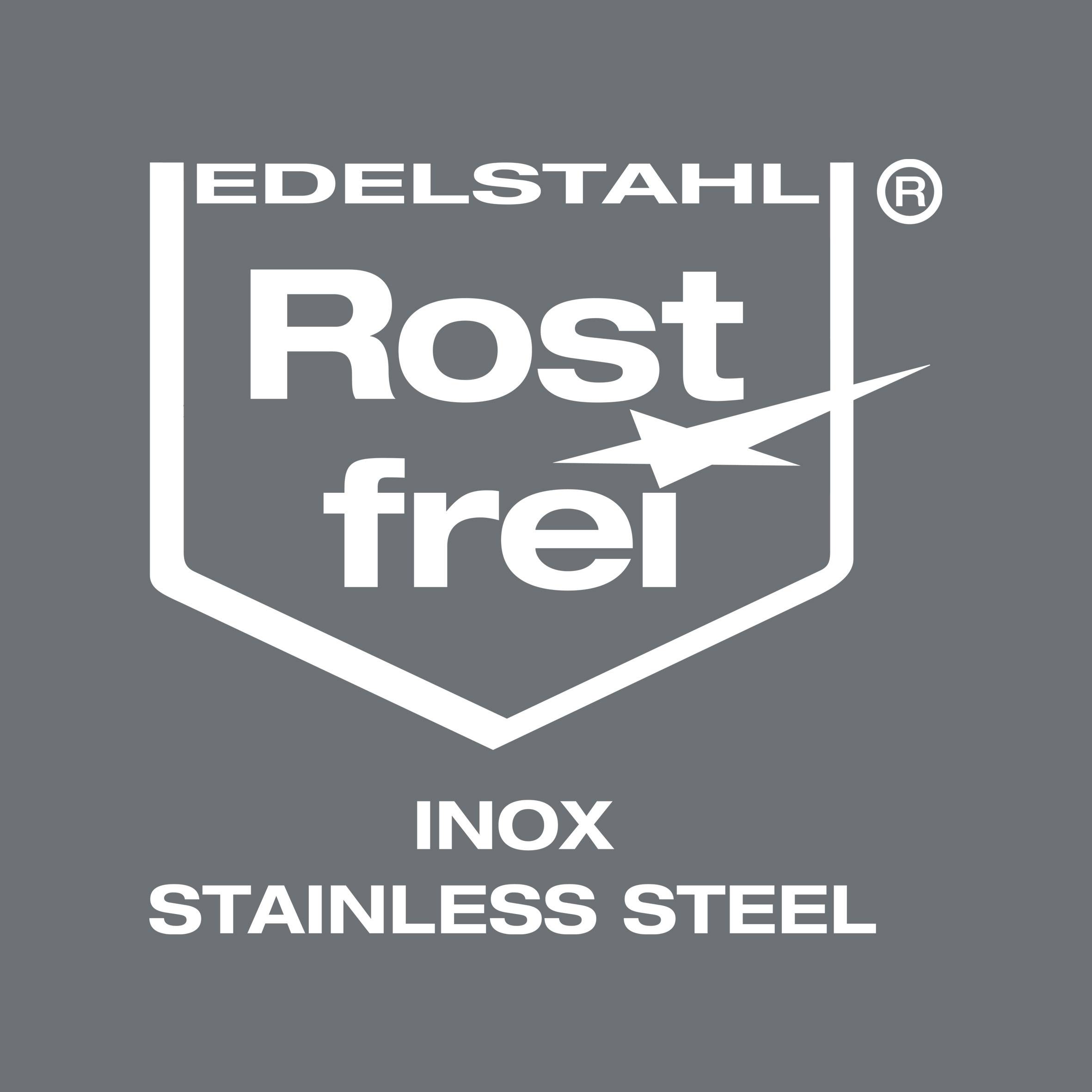 'Logo met de tekst: ROESTVRIJ STAAL INOX ROESTVRIJ STAAL'