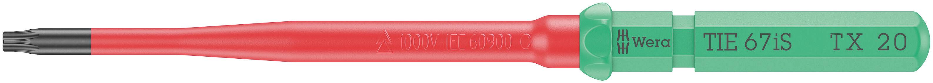 Schroevendraaier met rode steel en groene handgreep, gemarkeerd met 'Wera T15/SS TX 20'. Geschikt voor Torx-schroeven.